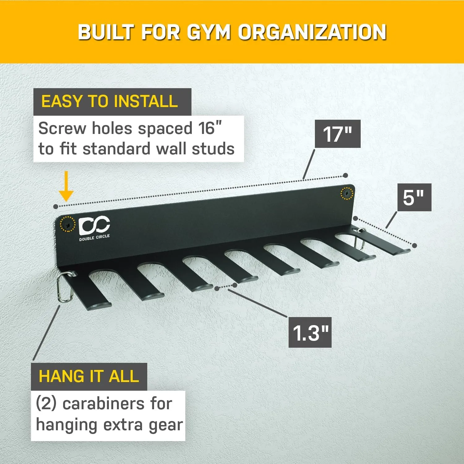 Double Circle Gym Equipment Storage Rack - Multi Purpose Gym Equipment Wall Rack Hanger for Pro Home Gym Storage for Exercise Bands, Barbell Bar, Jump Ropes, Chains, Lifting Belts (17" - Hooks)