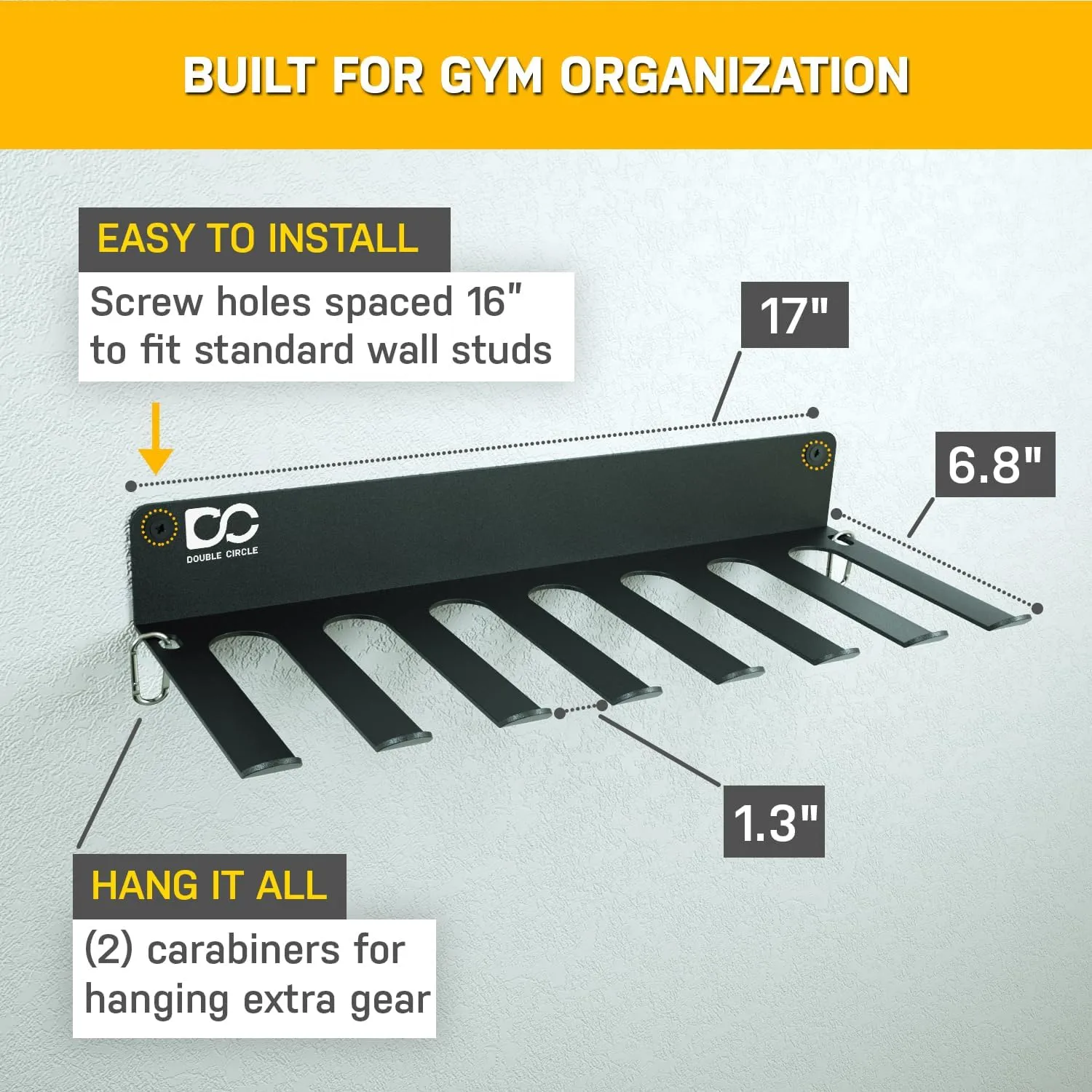 Double Circle Gym Equipment Storage Rack - Multi Purpose Gym Equipment Wall Rack Hanger for Pro Home Gym Storage for Exercise Bands, Barbell Bar, Jump Ropes, Chains, Lifting Belts (17" - Hooks)