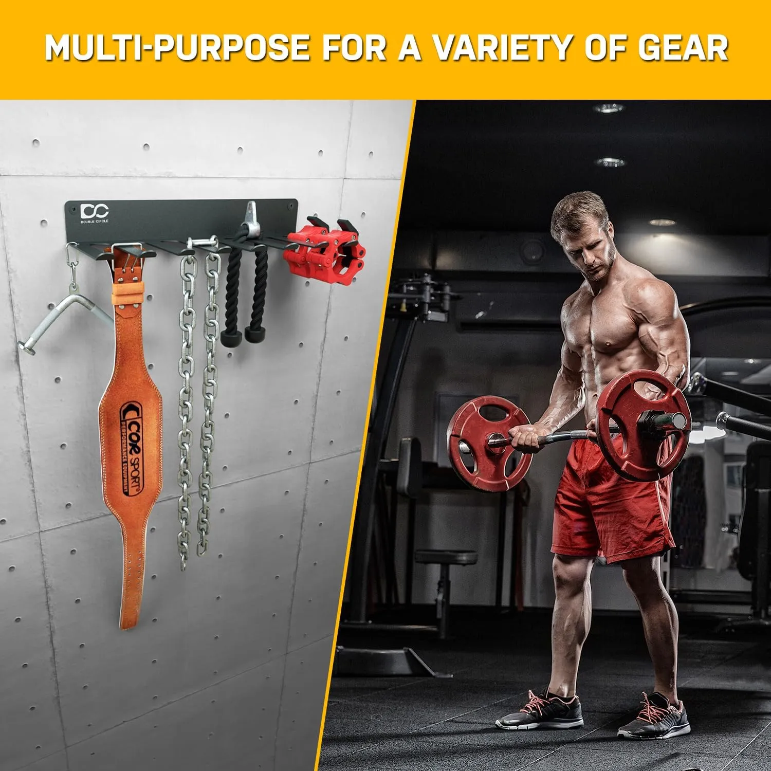 Double Circle Gym Equipment Storage Rack - Multi Purpose Gym Equipment Wall Rack Hanger for Pro Home Gym Storage for Exercise Bands, Barbell Bar, Jump Ropes, Chains, Lifting Belts (17" - Hooks)