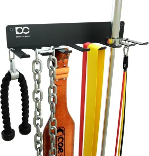 Double Circle Gym Equipment Storage Rack - Multi Purpose Gym Equipment Wall Rack Hanger for Pro Home Gym Storage for Exercise Bands, Barbell Bar, Jump Ropes, Chains, Lifting Belts (17" - Hooks)