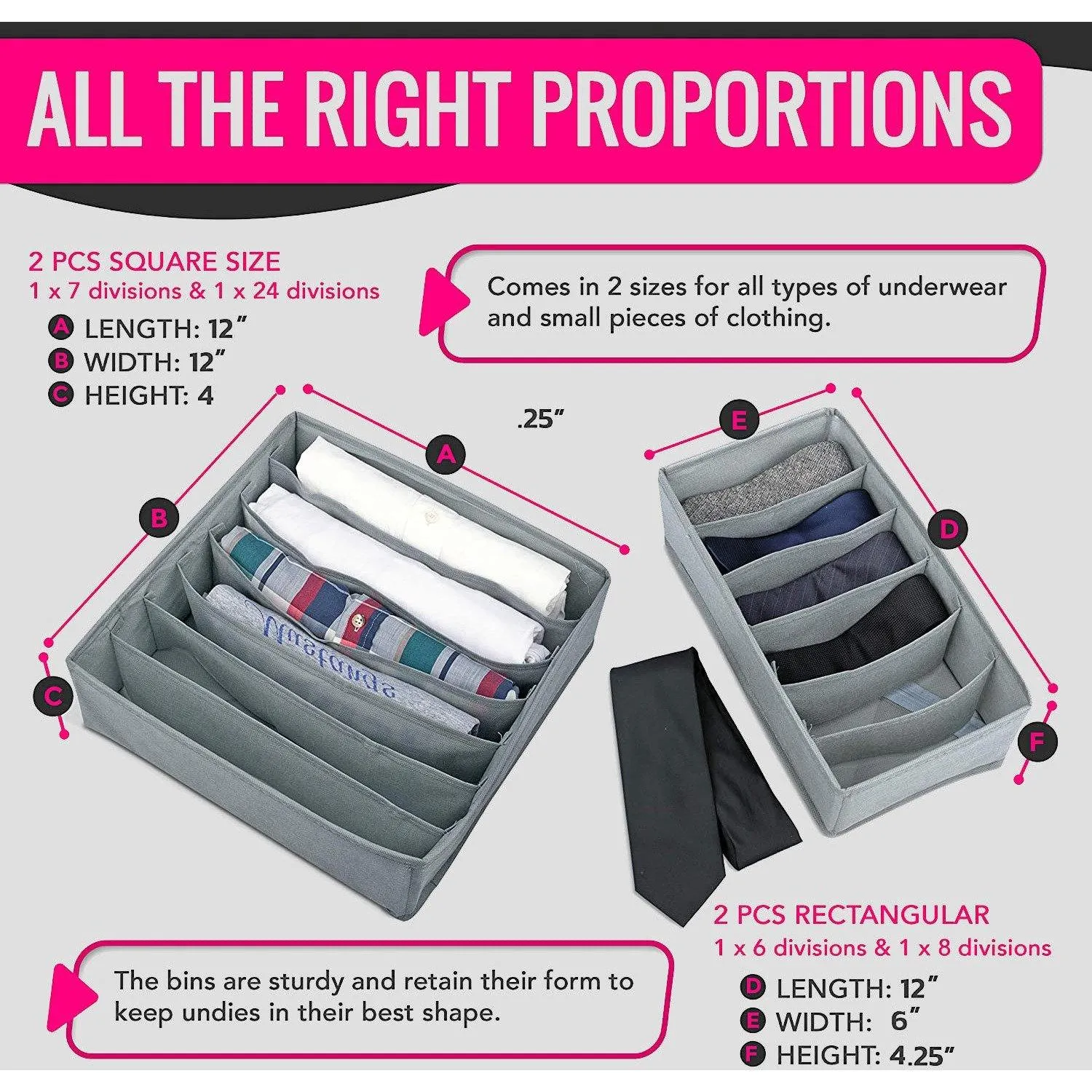 Double R Bags Dresser Drawer Underwear Organizer Grey Pack Of 4