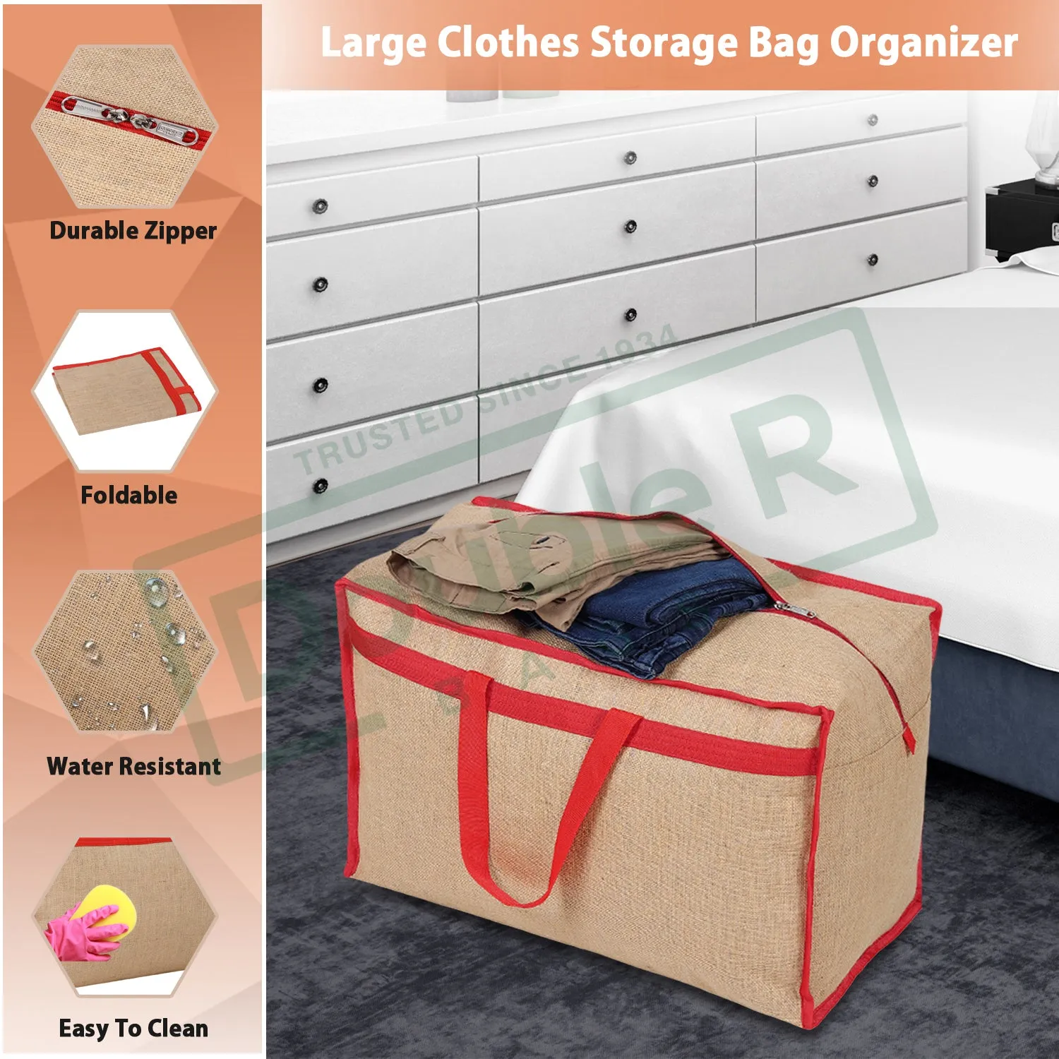 Double R Bags Jute Heavy Duty Extra Large Storage Bag, Moving Bag Tote, Blanket Clothes Organizer, Comforter, Bedroom closet, Dorm Room Essentials, Supplies, Storage, Strong Materials.