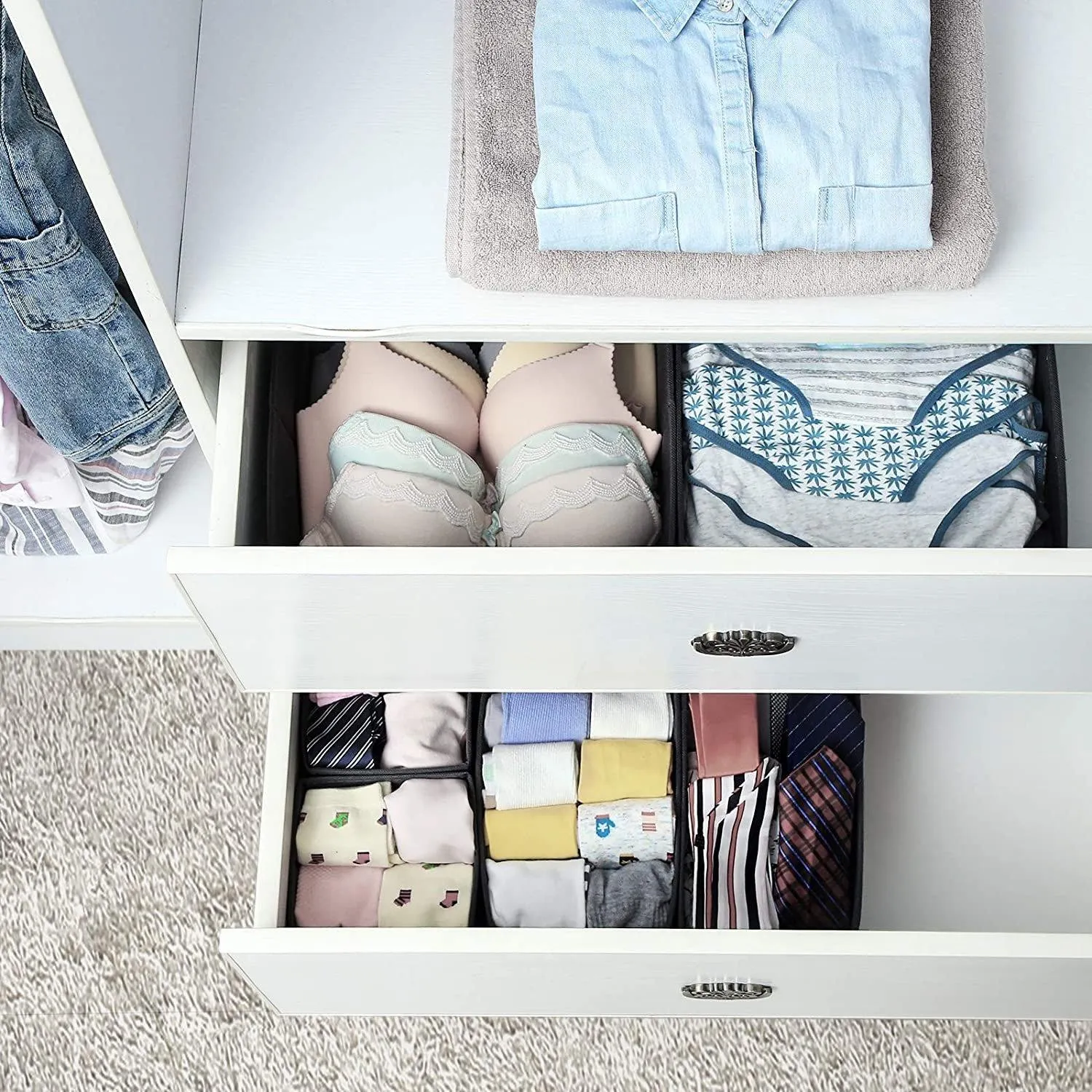 DOUBLE R BAGS No Smell Foldable Cloth Storage Cube with Drawers for Underwear Bras Socks Ties Scarves Set of 6 (Black)