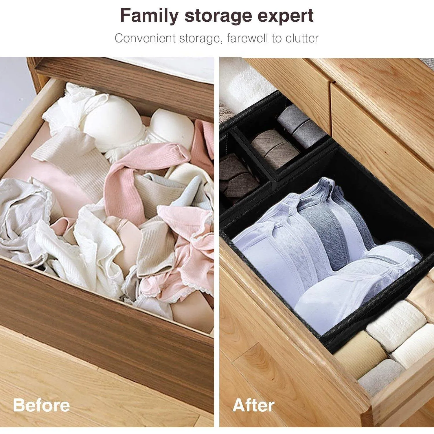 DOUBLE R BAGS No Smell Foldable Cloth Storage Cube with Drawers for Underwear Bras Socks Ties Scarves Set of 6 (Black)
