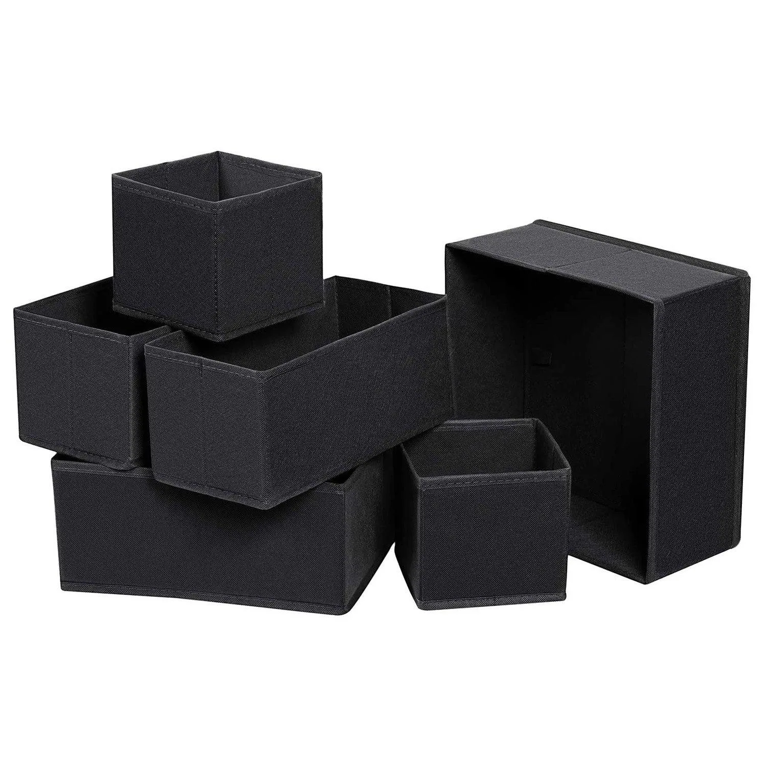 DOUBLE R BAGS No Smell Foldable Cloth Storage Cube with Drawers for Underwear Bras Socks Ties Scarves Set of 6 (Black)