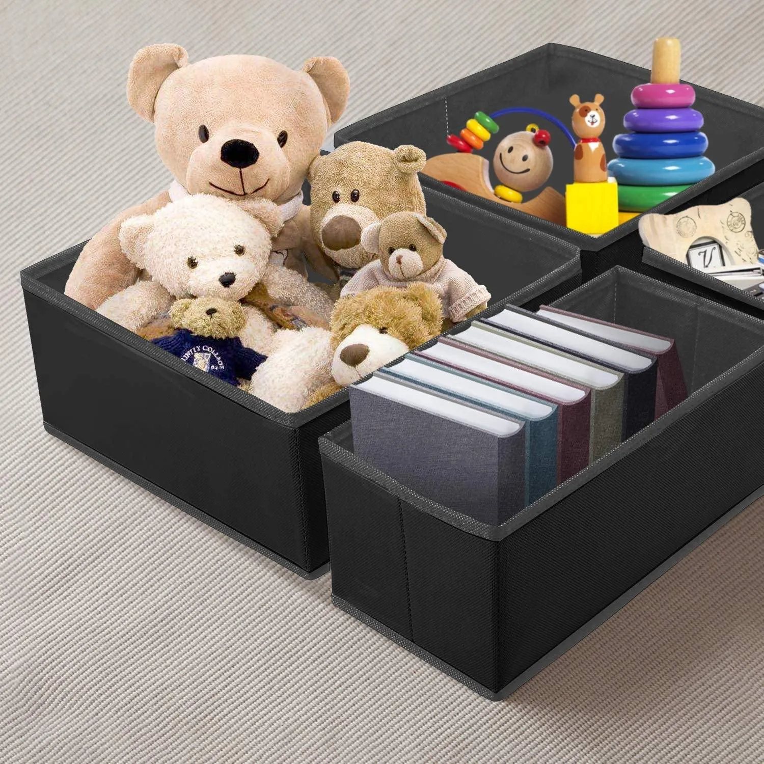 DOUBLE R BAGS No Smell Foldable Cloth Storage Cube with Drawers for Underwear Bras Socks Ties Scarves Set of 6 (Black)