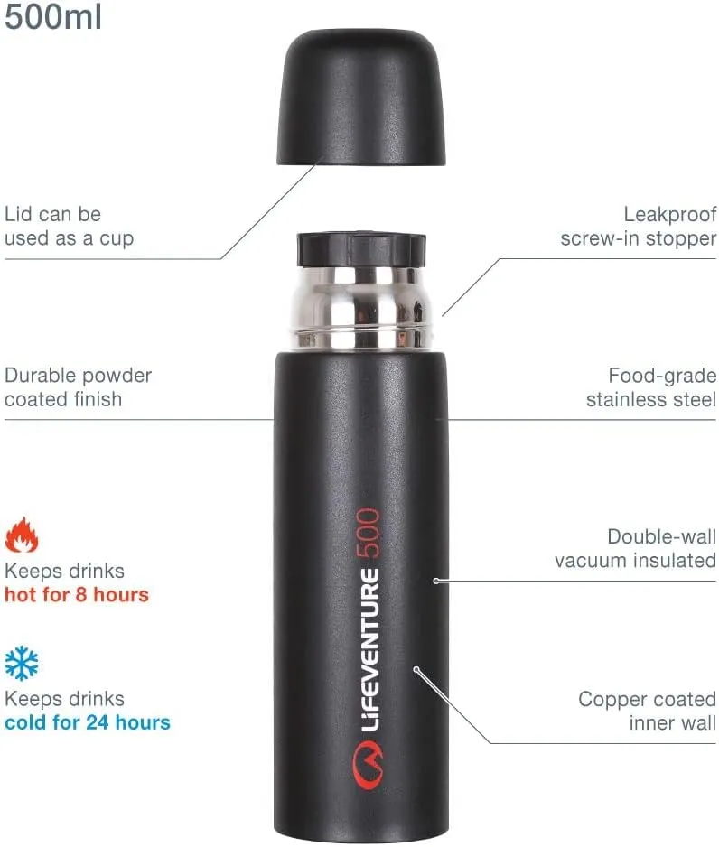 Double Walled Thermally Induced Vacuum Flask - Hot For Up To 8 Hours, Cold For 24 Hours - 500ml, Dark Grey