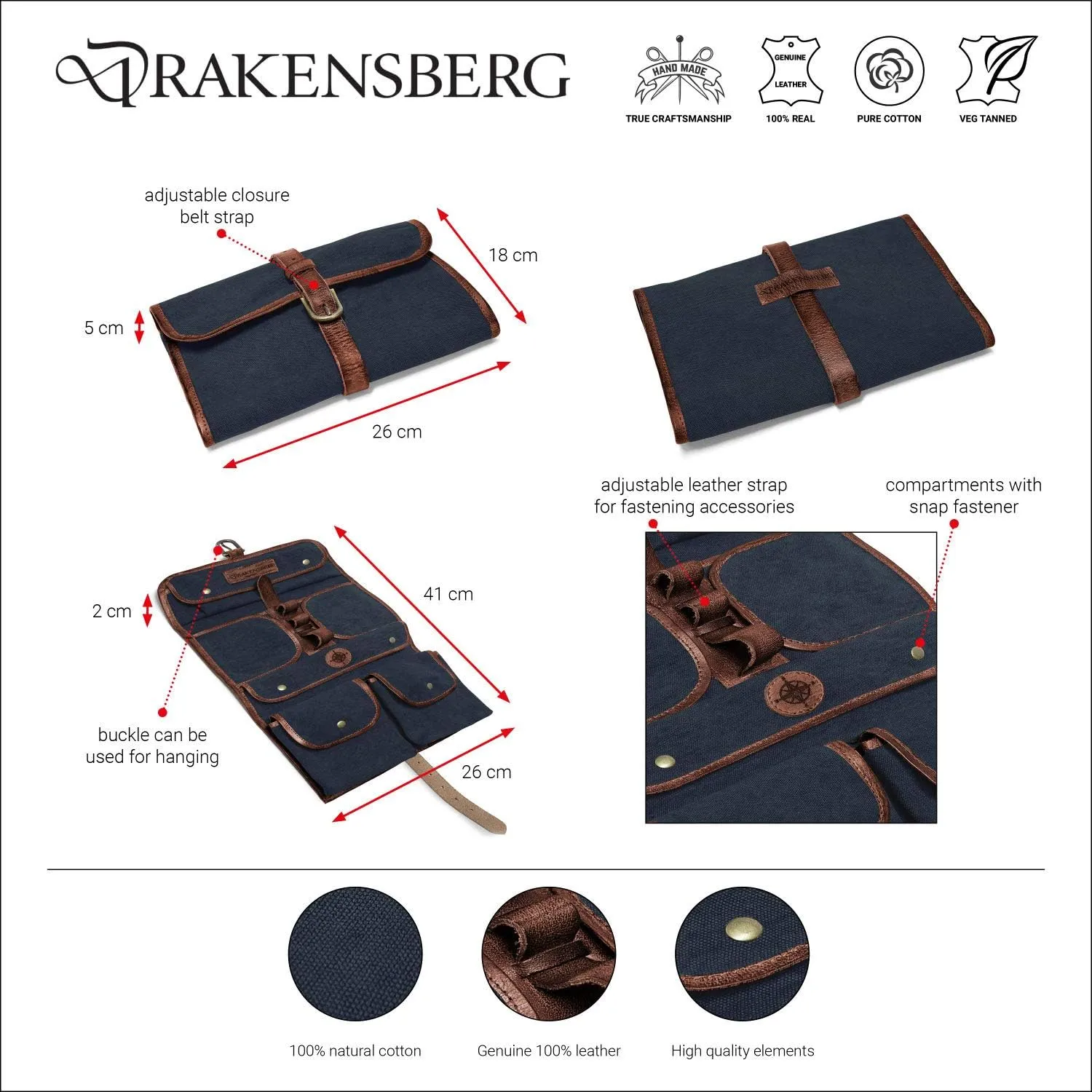 DRAKENSBERG Wash Bag 'Sid' - old world toiletry kit and wet pack to hang up, toiletries organizer, foldable, handmade, canvas
