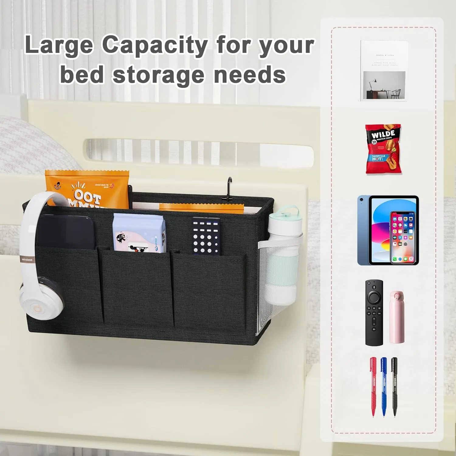 Dual-purpose Bedside Caddy Bedside Organizer, Bed Caddy with 6 Pockets, Versatile Bedside Storage Solution Magazine Remotes holder, ideal for Home, Dorm, Hospital, Crib Bed (Black)