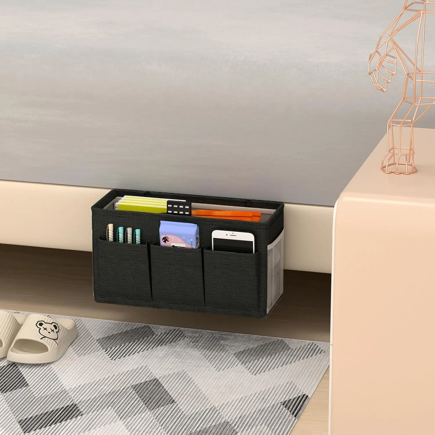 Dual-purpose Bedside Caddy Bedside Organizer, Bed Caddy with 6 Pockets, Versatile Bedside Storage Solution Magazine Remotes holder, ideal for Home, Dorm, Hospital, Crib Bed (Black)