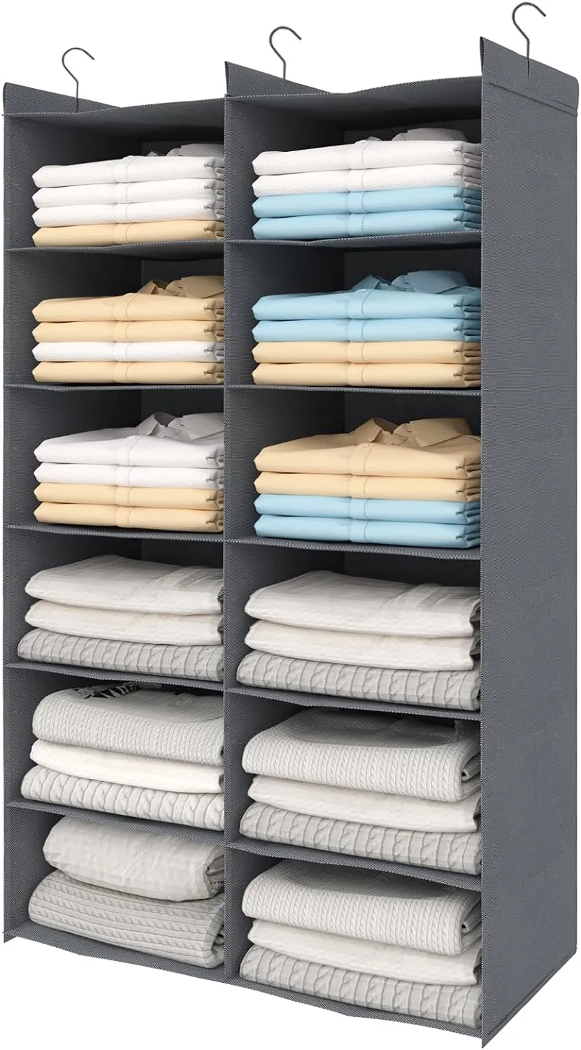 Dual-Row 6 Tier Shelf Hanging Closet Organizer and Storage, 12 Pockets Clothes Storage Shelves with 3 Sturdy Hooks for Clothing Organization, Dorm Room Essentials for Girls, Foldable, Grey