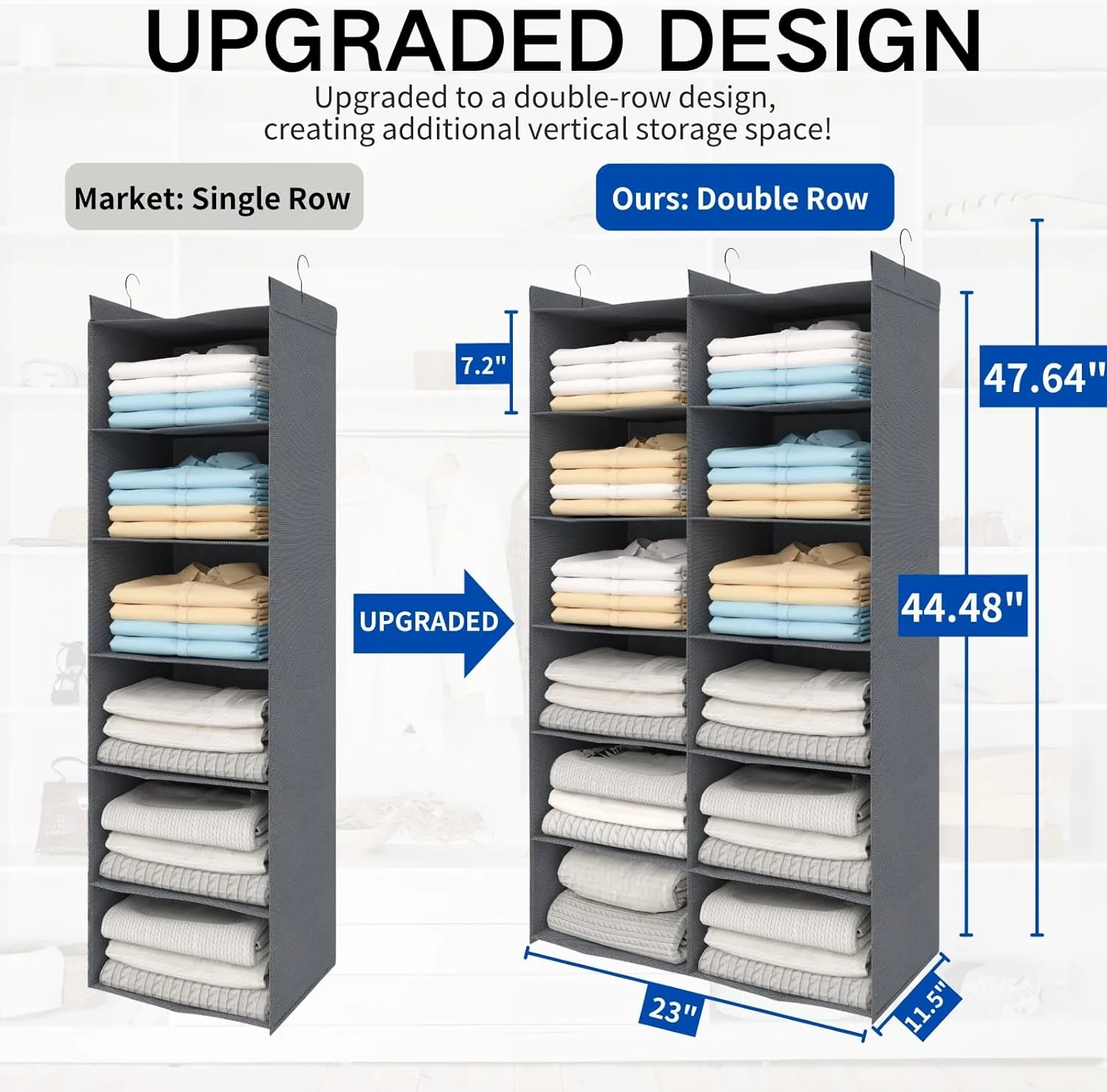 Dual-Row 6 Tier Shelf Hanging Closet Organizer and Storage, 12 Pockets Clothes Storage Shelves with 3 Sturdy Hooks for Clothing Organization, Dorm Room Essentials for Girls, Foldable, Grey