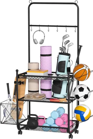 Dumbbell Rack Stand Yoga Mat Organizer, 3 Tier Metal Mesh Basket with Hooks and 360° Rollers (2 wheels lockable), Carbon Steel Home Gym Weight Rack for Resistance Bands, Yoga Blocks