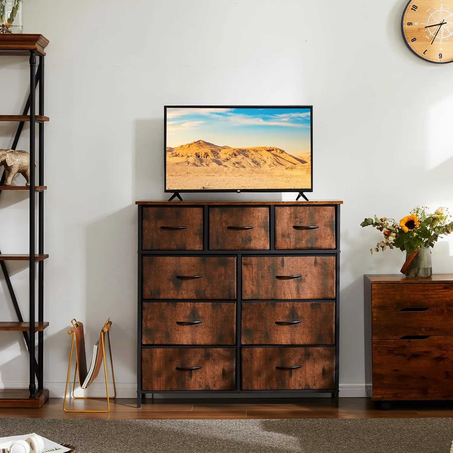 DUMOS Dresser for Bedroom, Storage Organizer with 9 Drawers, Chest of Drawers with Fabric Bins, Sturdy Metal Frame, Wood Tabletop for Guest Room, Closet, Entryway, Nursery