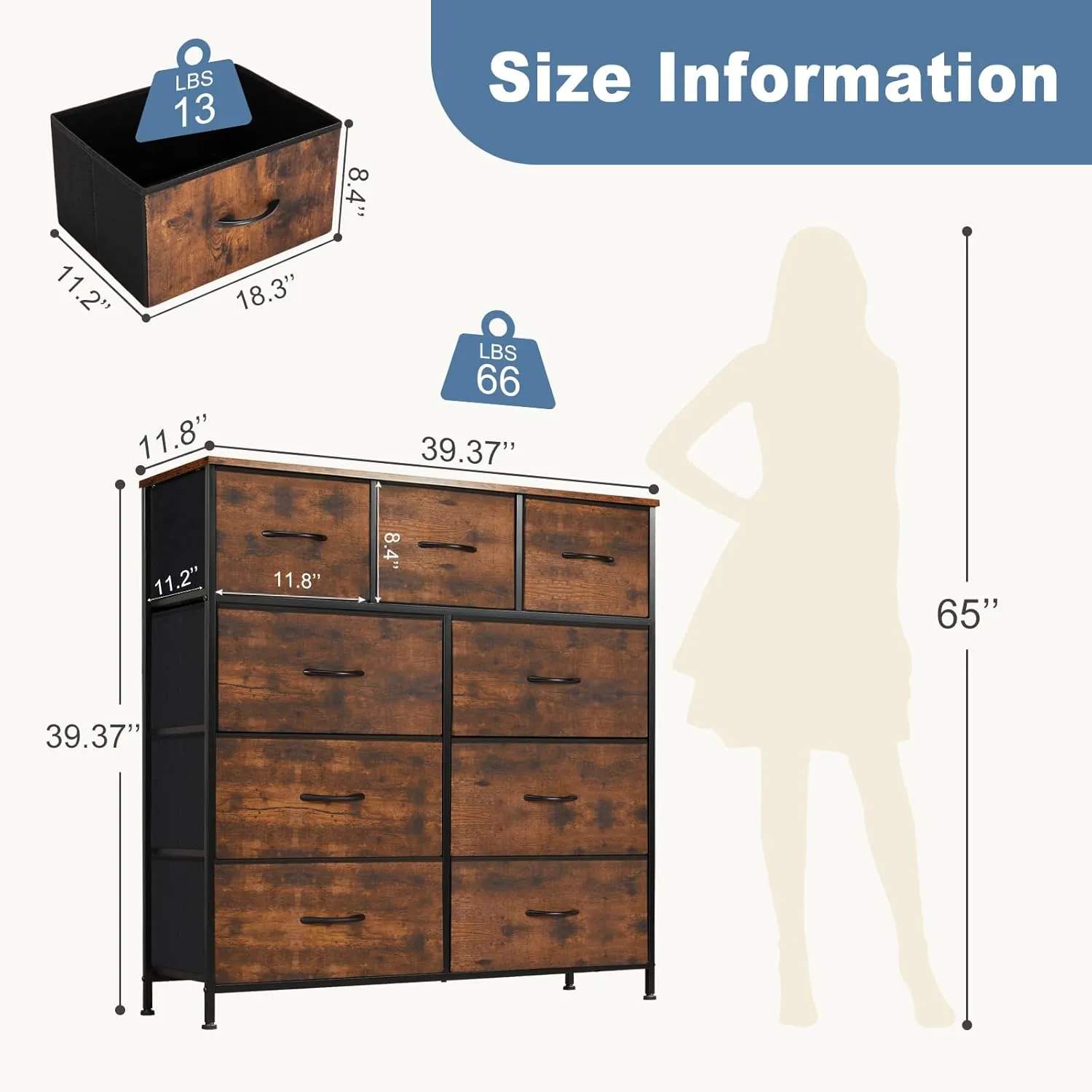 DUMOS Dresser for Bedroom, Storage Organizer with 9 Drawers, Chest of Drawers with Fabric Bins, Sturdy Metal Frame, Wood Tabletop for Guest Room, Closet, Entryway, Nursery