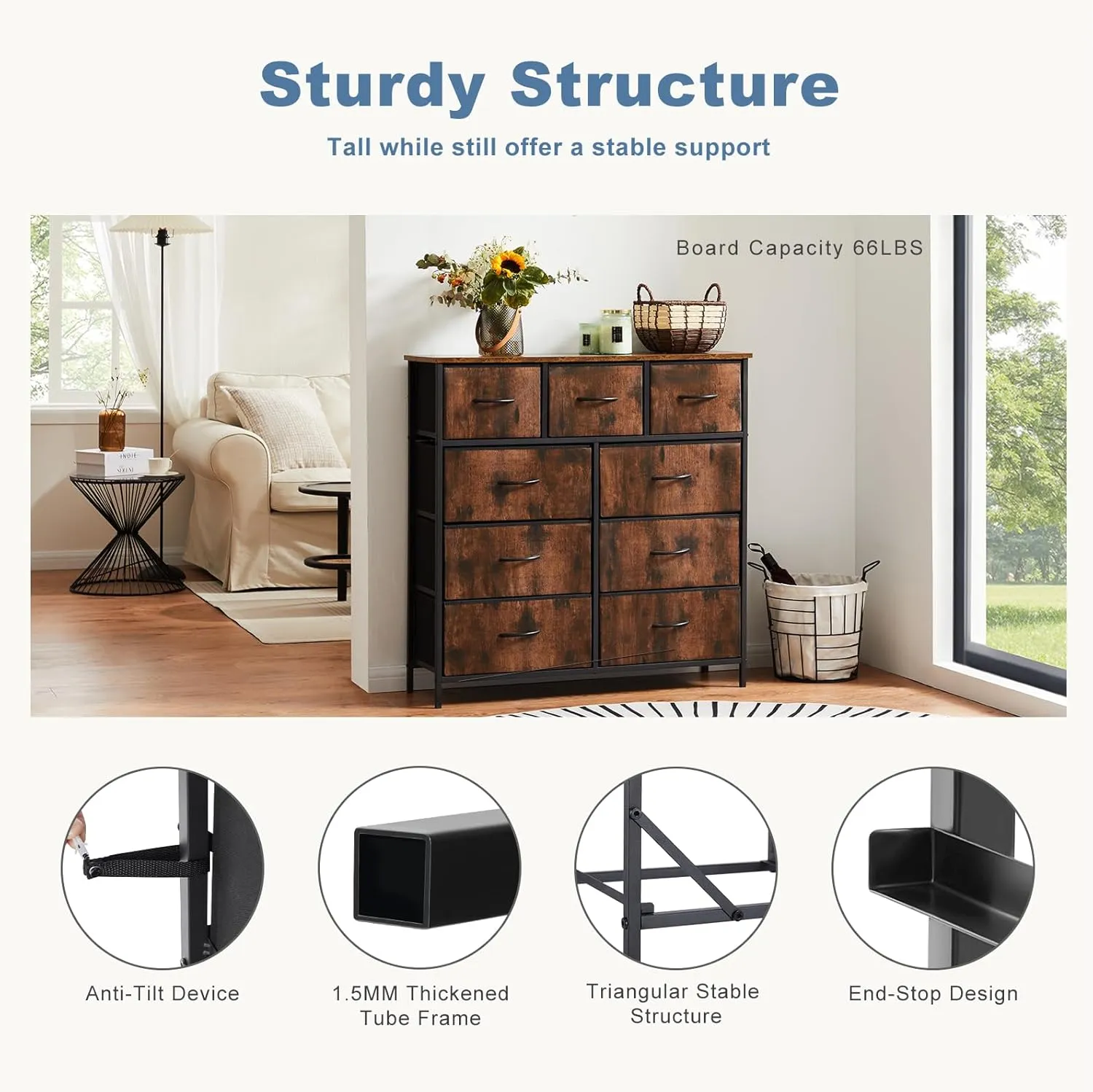 DUMOS Dresser for Bedroom, Storage Organizer with 9 Drawers, Chest of Drawers with Fabric Bins, Sturdy Metal Frame, Wood Tabletop for Guest Room, Closet, Entryway, Nursery