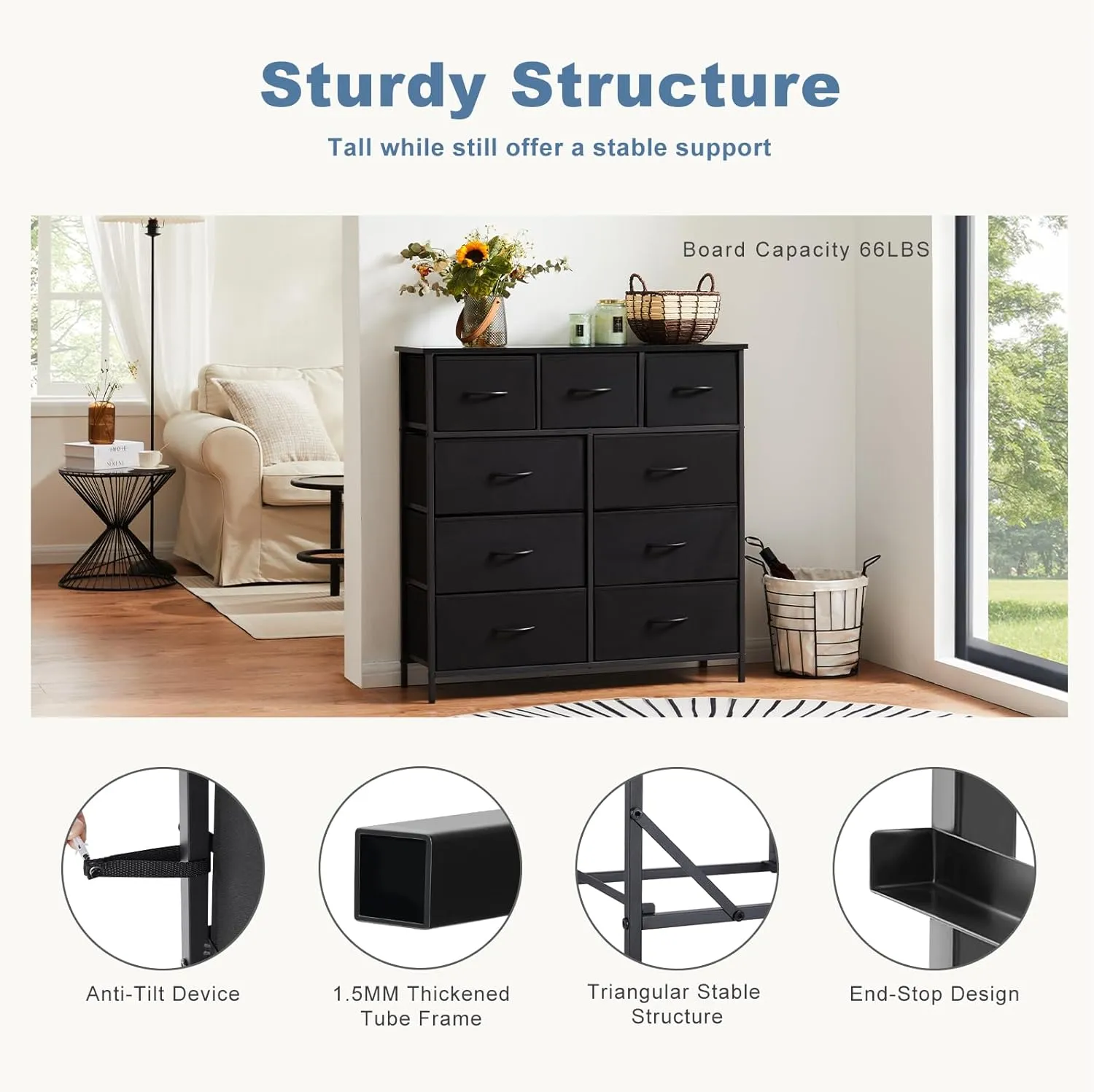 DUMOS Dresser for Bedroom, Storage Organizer with 9 Drawers, Chest of Drawers with Fabric Bins, Sturdy Metal Frame, Wood Tabletop for Guest Room, Closet, Entryway, Nursery