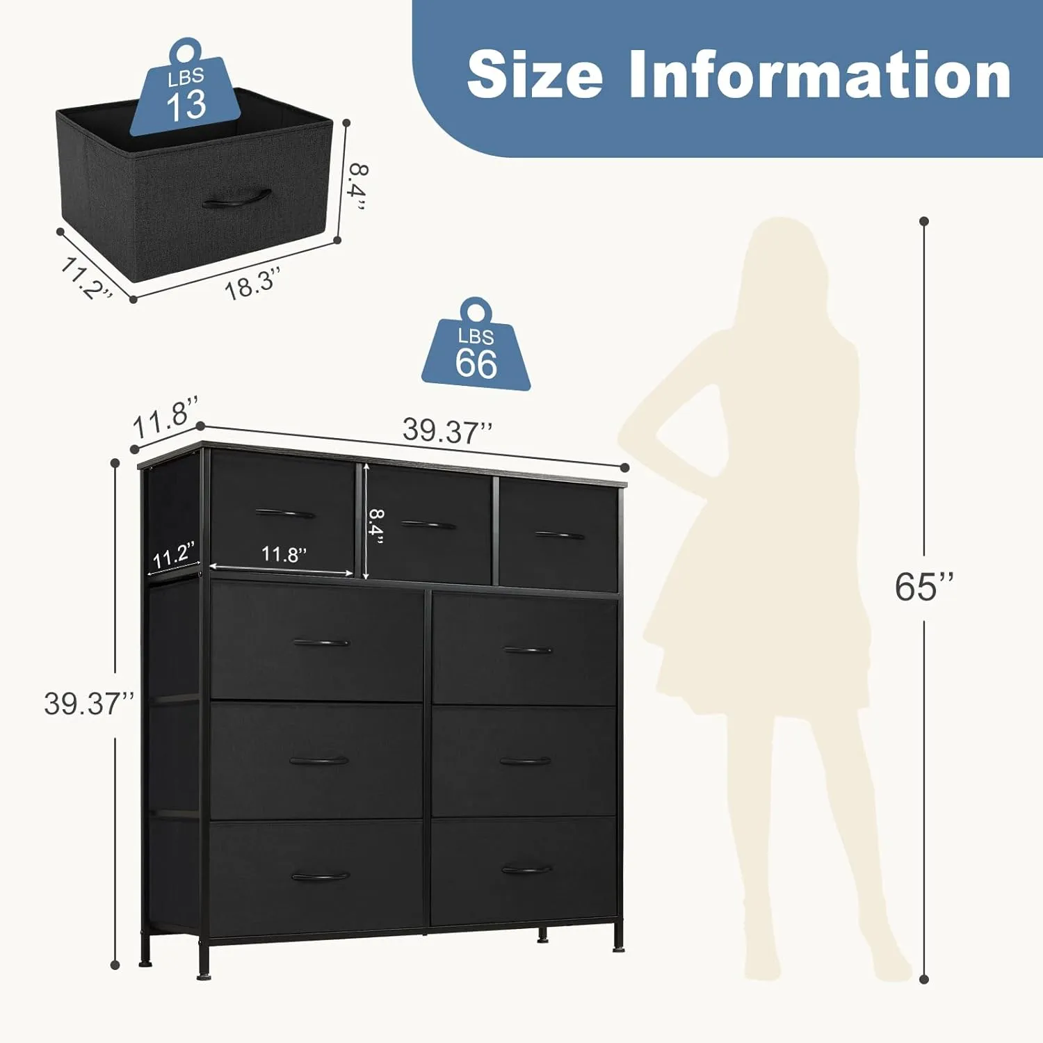 DUMOS Dresser for Bedroom, Storage Organizer with 9 Drawers, Chest of Drawers with Fabric Bins, Sturdy Metal Frame, Wood Tabletop for Guest Room, Closet, Entryway, Nursery