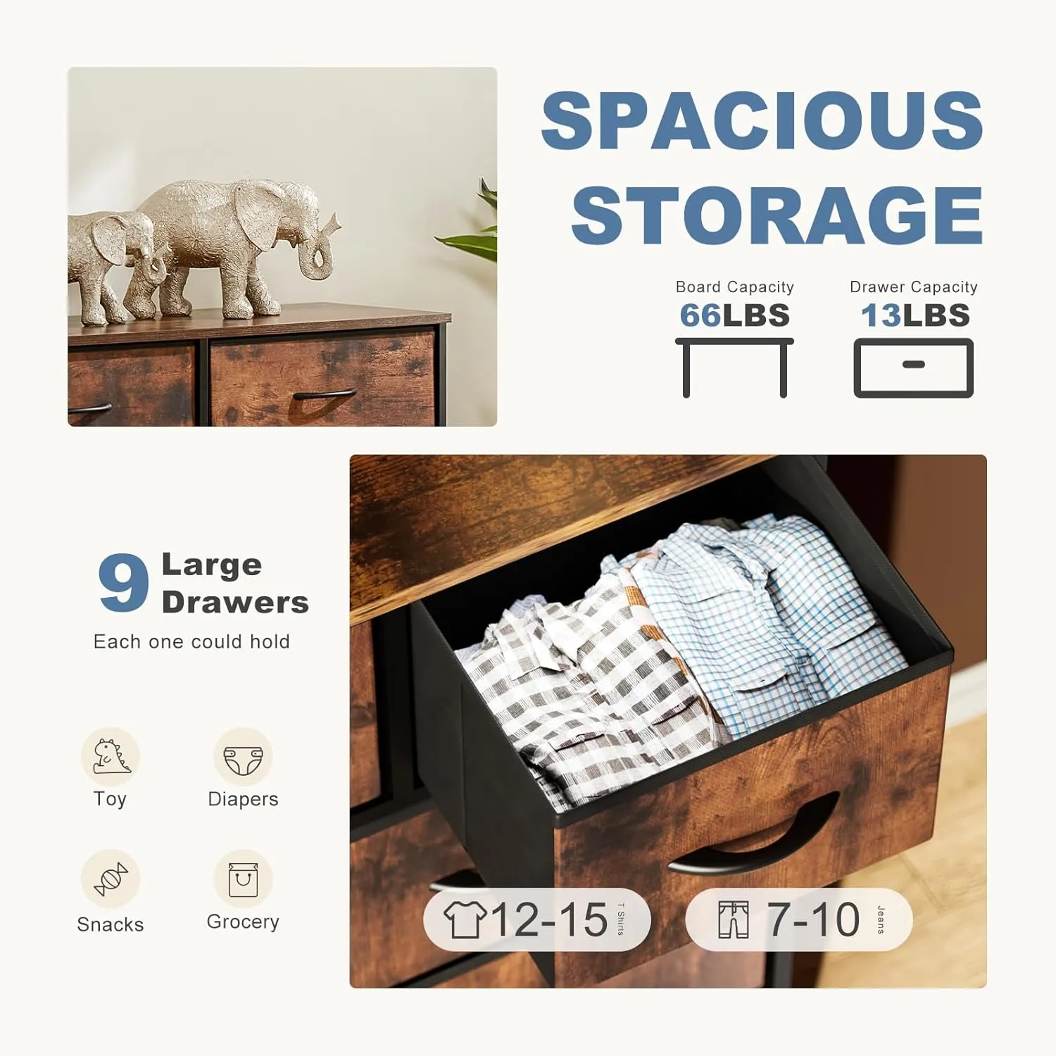DUMOS Dresser for Bedroom, Storage Organizer with 9 Drawers, Chest of Drawers with Fabric Bins, Sturdy Metal Frame, Wood Tabletop for Guest Room, Closet, Entryway, Nursery