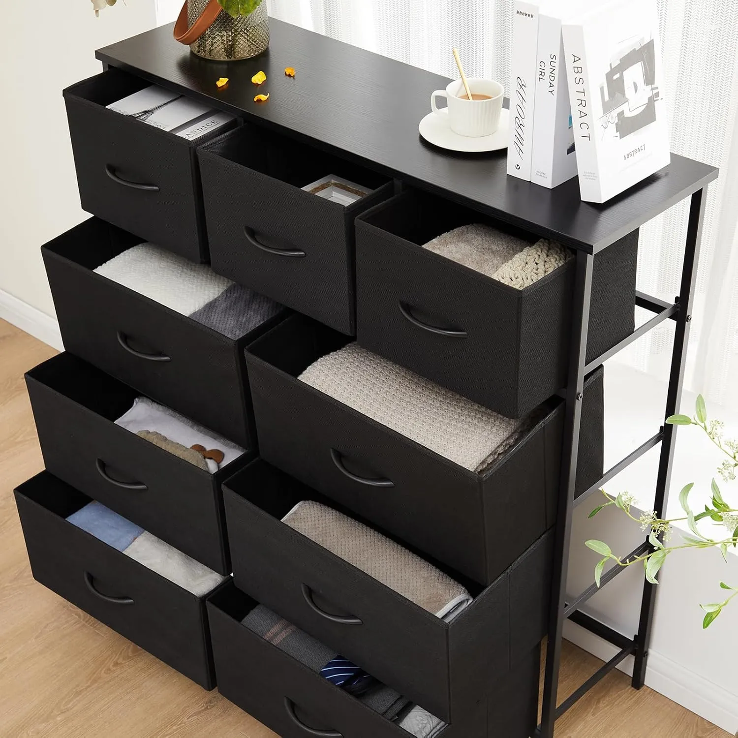 DUMOS Dresser for Bedroom, Storage Organizer with 9 Drawers, Chest of Drawers with Fabric Bins, Sturdy Metal Frame, Wood Tabletop for Guest Room, Closet, Entryway, Nursery