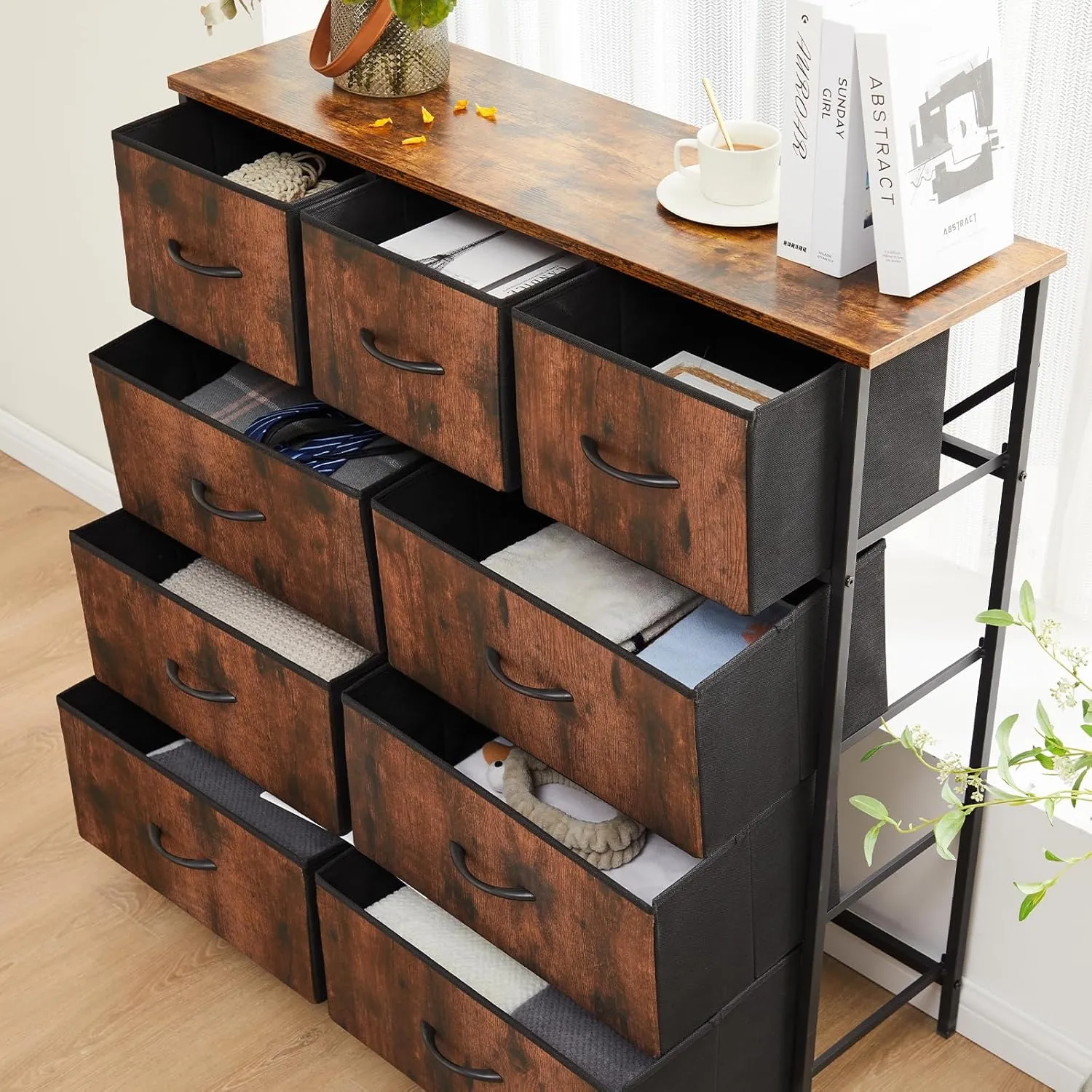 DUMOS Dresser for Bedroom, Storage Organizer with 9 Drawers, Chest of Drawers with Fabric Bins, Sturdy Metal Frame, Wood Tabletop for Guest Room, Closet, Entryway, Nursery