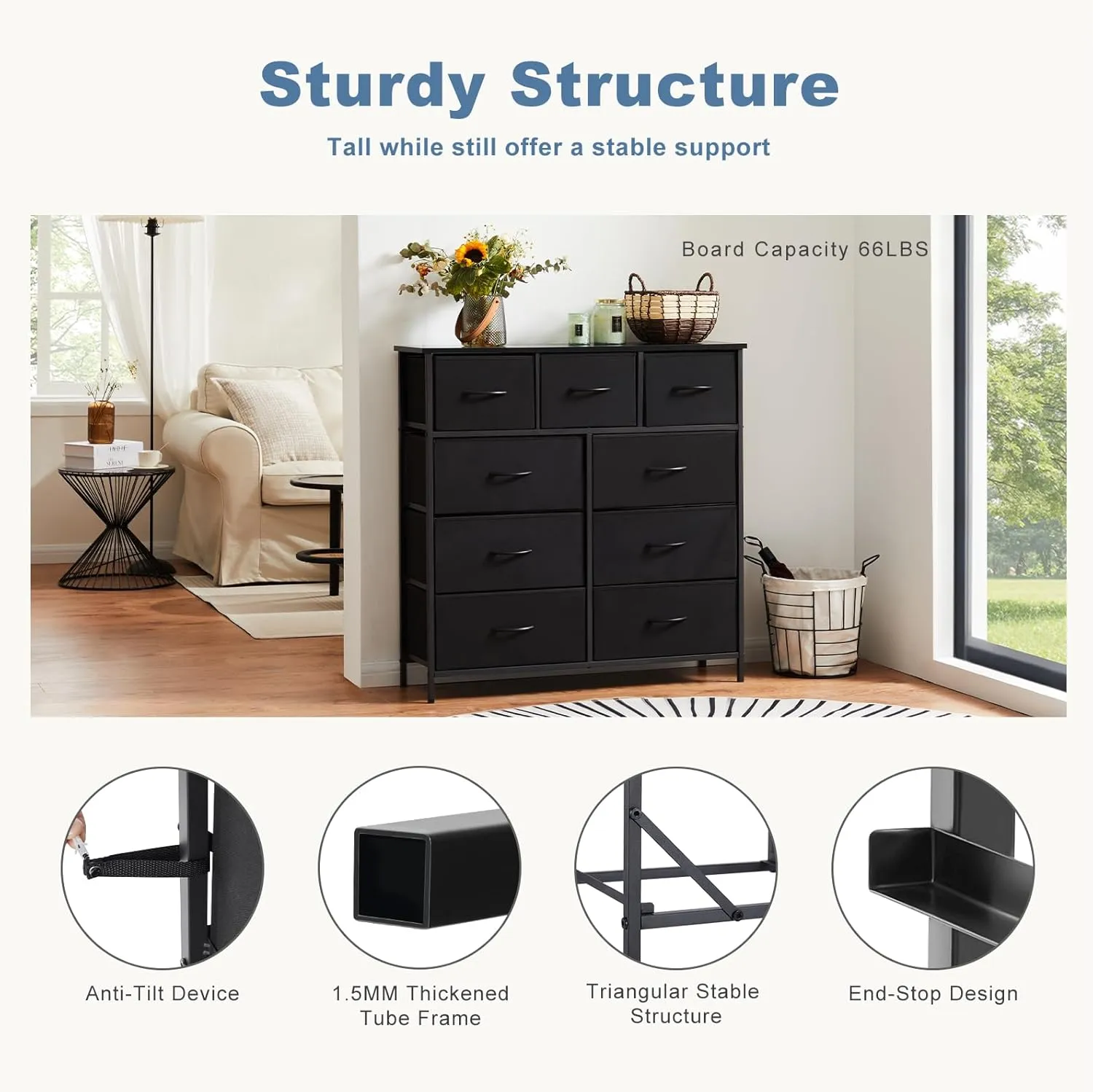 DUMOS Dresser for Bedroom, Storage Organizer with 9 Drawers, Chest of Drawers with Fabric Bins, Sturdy Metal Frame, Wood Tabletop for Guest Room, Closet, Entryway, Nursery