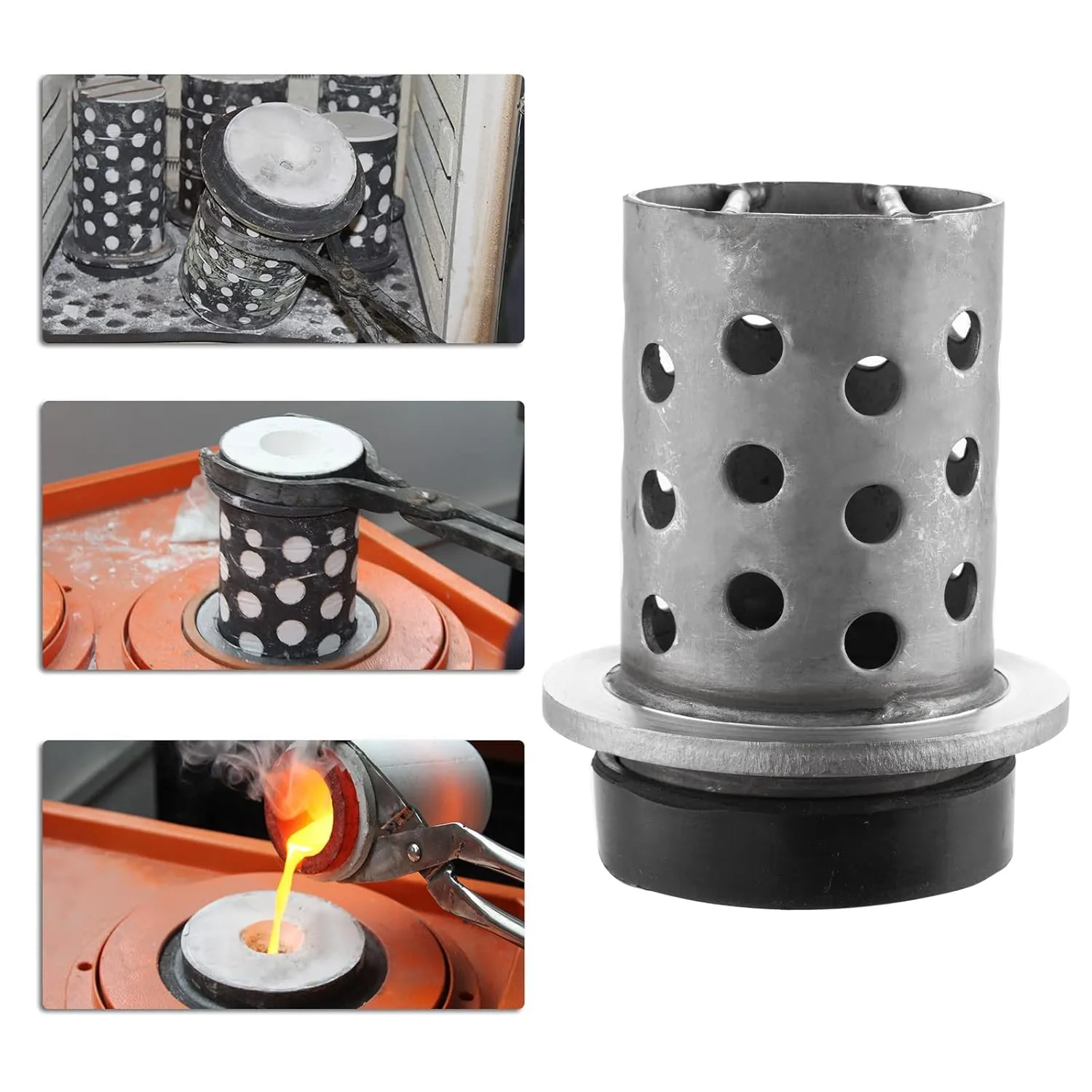 DZQ Perforated Casting Flask Vacuum Casting, 304 Stainless Steel Flanged with Rubber Sprue Base, Various Sizes for Metal Casting (2.5" x 6")