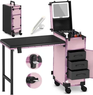 EASYINBEAUTY Rolling Portable Manicure Table with 3 Drawers, Mirror & Nail Polish Organizer, Lockable Makeup Train Case with Foldable Nail Desk, Cosmetic Travel Case for Workstation Mobile, Nail tech