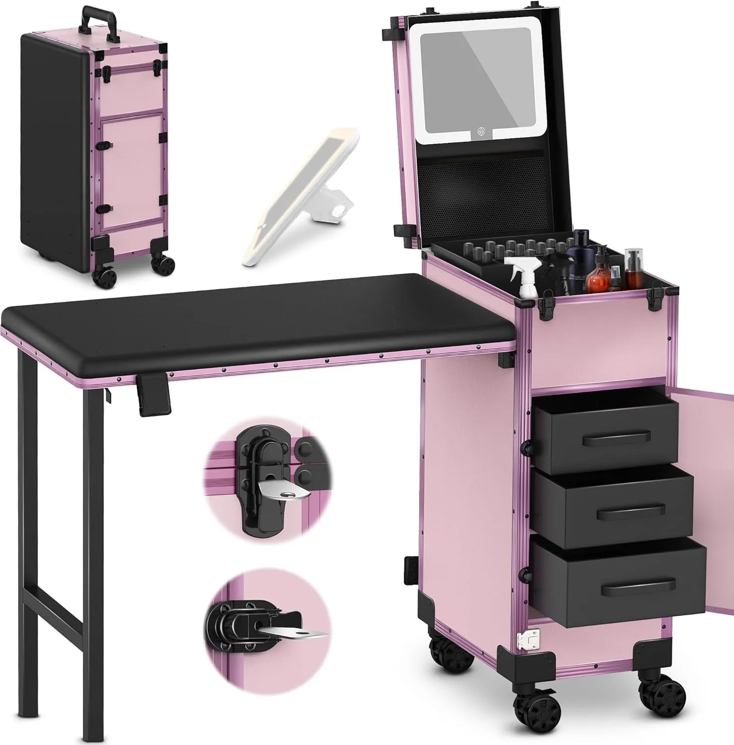 EASYINBEAUTY Rolling Portable Manicure Table with 3 Drawers, Mirror & Nail Polish Organizer, Lockable Makeup Train Case with Foldable Nail Desk, Cosmetic Travel Case for Workstation Mobile, Nail tech