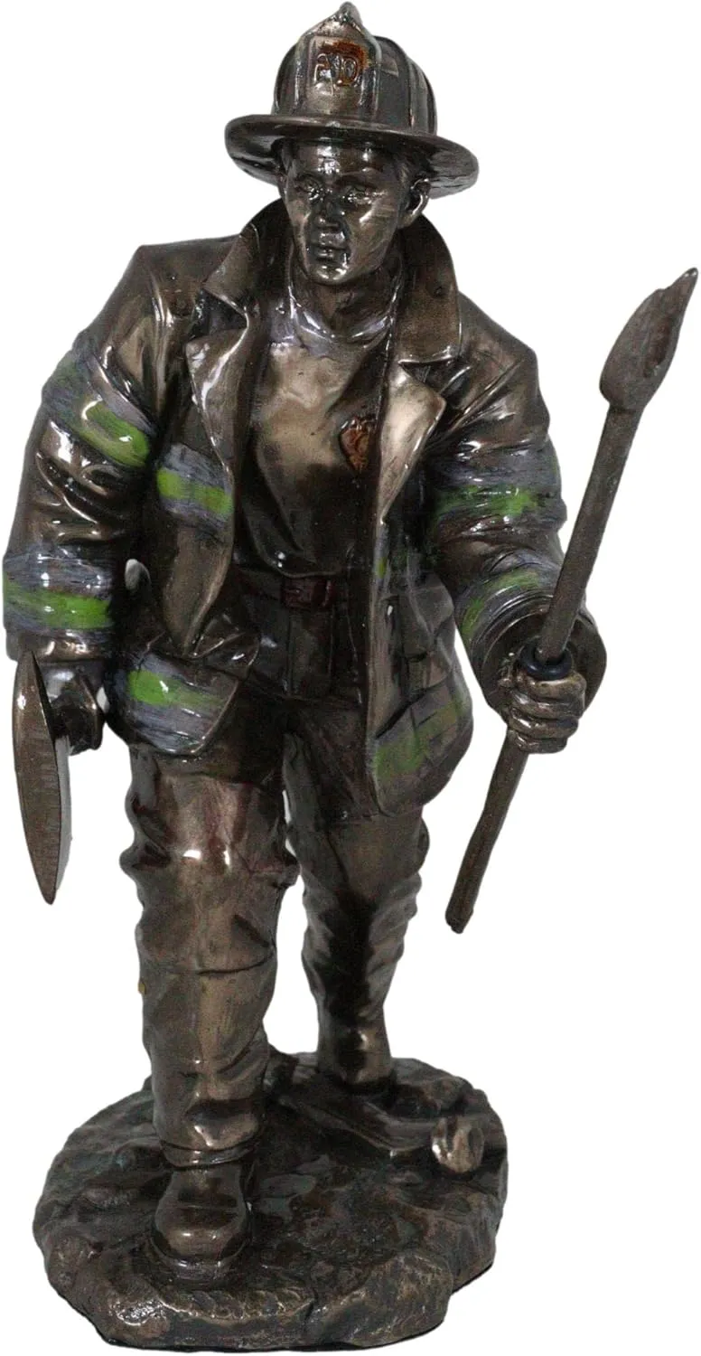 Ebros Gift Faux Bronze Resin Fighter Fireman with Fire Axe and Fork Statue 7.25" Tall in The Line of Duty Fire Rescue Figurine Emergency 911 Hero Memorabilia Sculpture