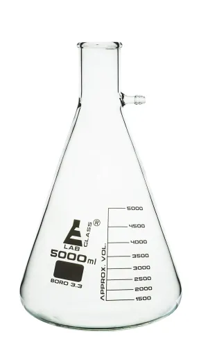 EISCO Filtering Flask, 5000mL - Heavy Walled Borosilicate Glass & Integral Barbed Side Arm/Inlet for Vacuum Filtration - White Graduations - Buchner, Erlenmeyer, 5L Filter Flask