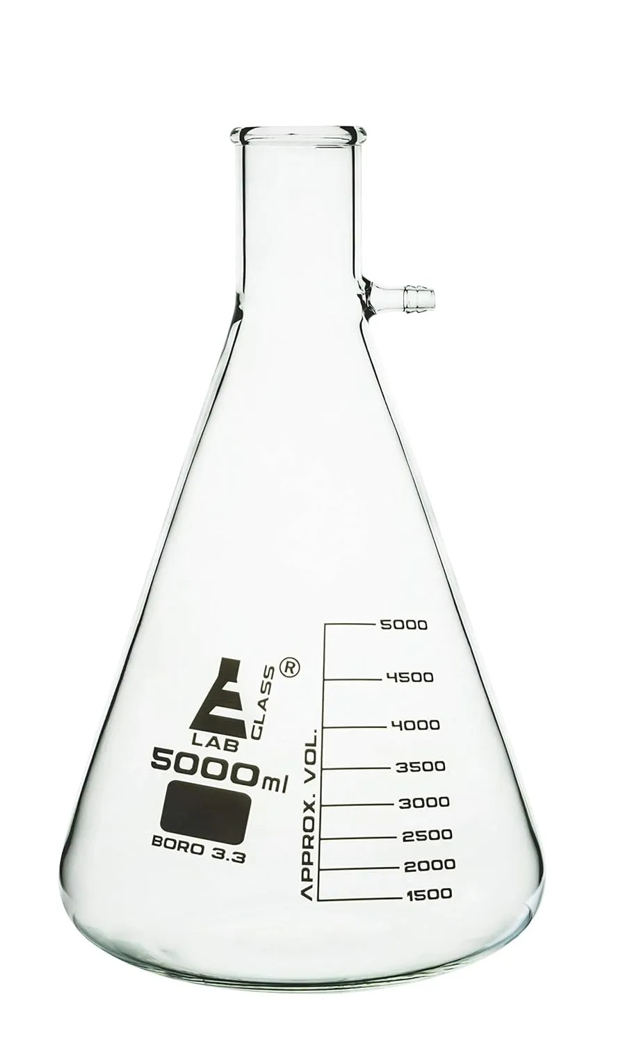 EISCO Filtering Flask, 5000mL - Heavy Walled Borosilicate Glass & Integral Barbed Side Arm/Inlet for Vacuum Filtration - White Graduations - Buchner, Erlenmeyer, 5L Filter Flask