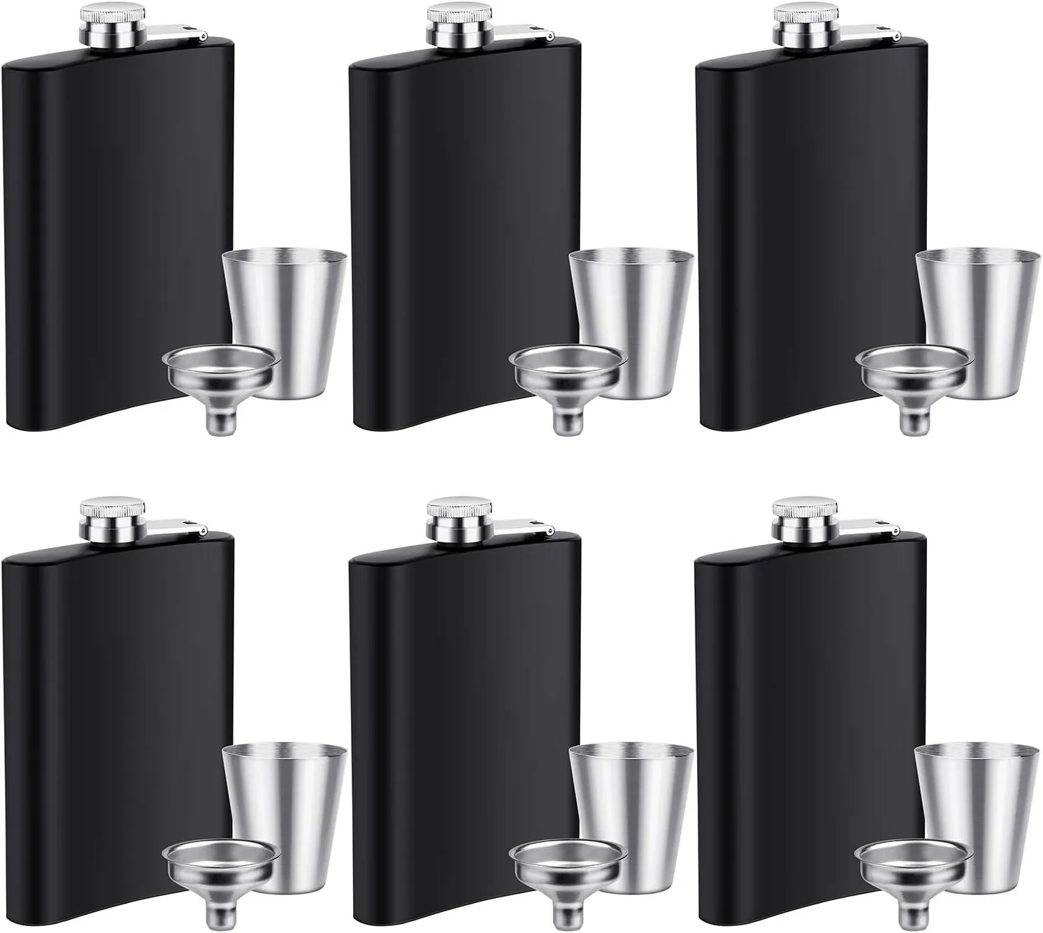 Elcoho 6 Sets 8 Ounce Stainless Steel Hip Flask Fluid-tight Flask Set with 6 Pieces Stainless Steel Shot Cups and Funnel