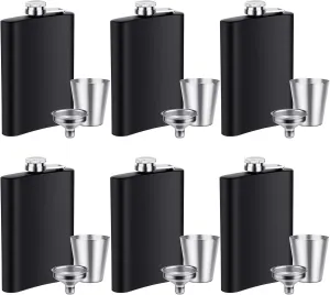 Elcoho 6 Sets 8 Ounce Stainless Steel Hip Flask Fluid-tight Flask Set with 6 Pieces Stainless Steel Shot Cups and Funnel