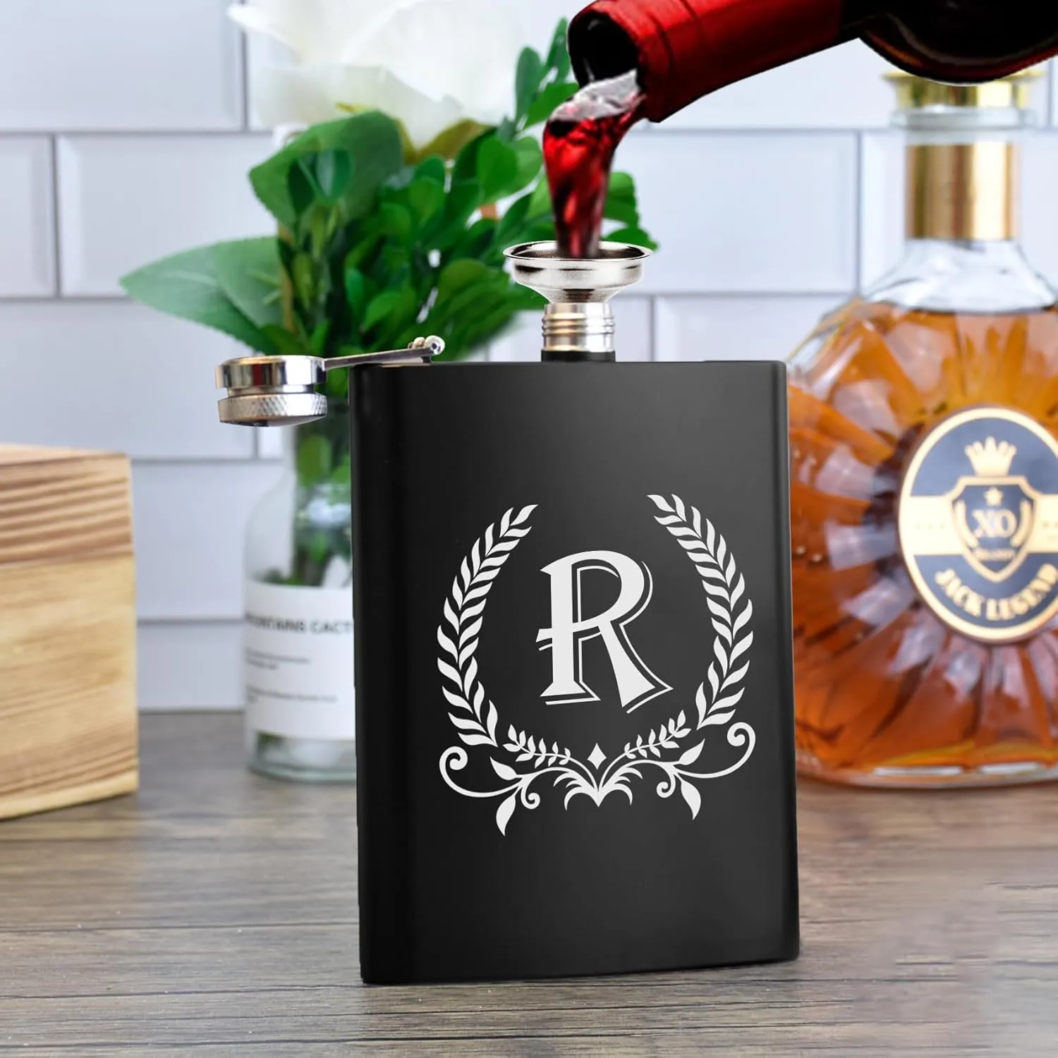 ELEGANTPARK Hip Flasks for Liquor for Men with Initials Monogrammed Gifts for Men Birthday Personalized Gifts for Him Groomsmen Dad Engraved Hip Flask with Funnel 8 OZ Letter R