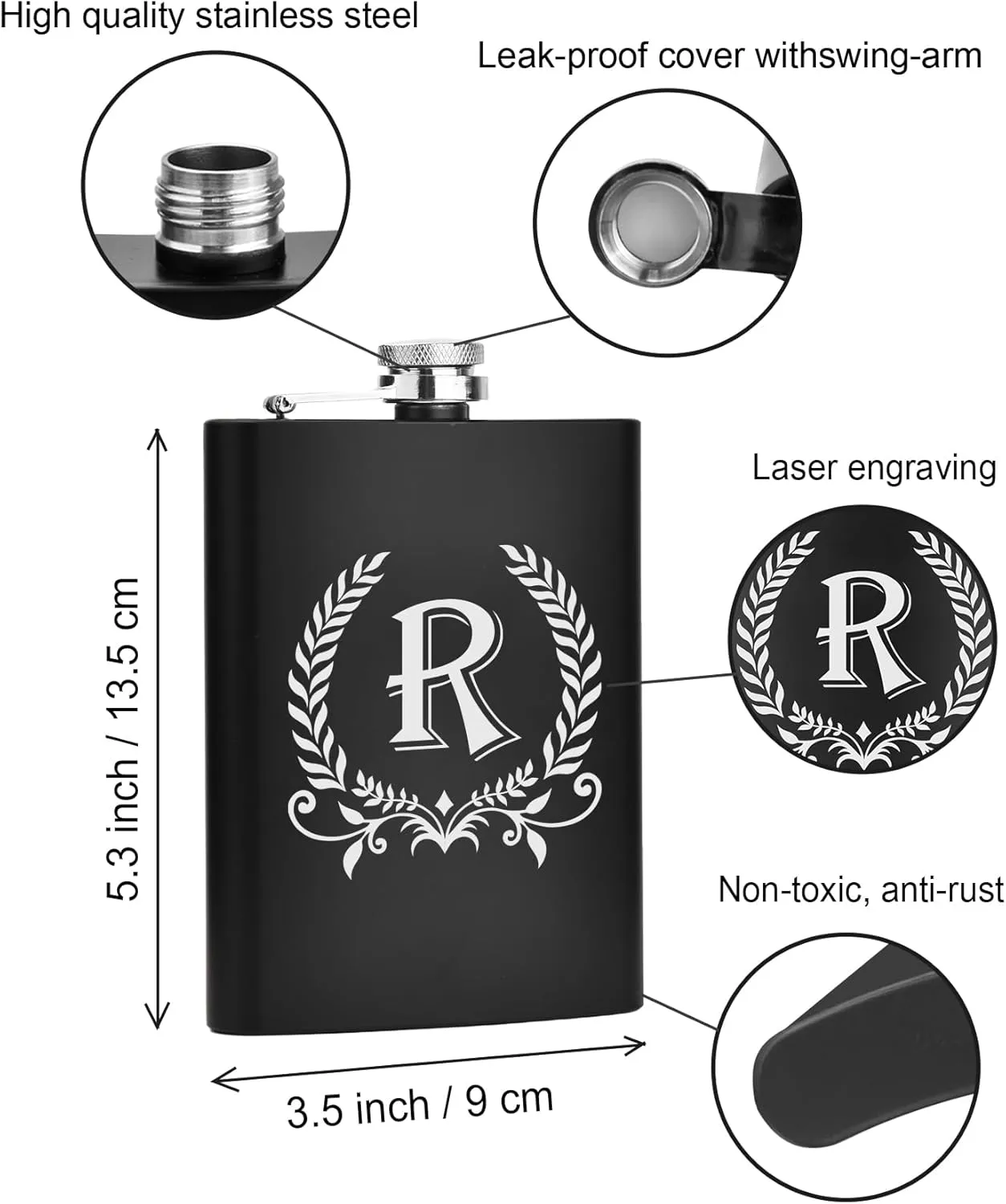 ELEGANTPARK Hip Flasks for Liquor for Men with Initials Monogrammed Gifts for Men Birthday Personalized Gifts for Him Groomsmen Dad Engraved Hip Flask with Funnel 8 OZ Letter R