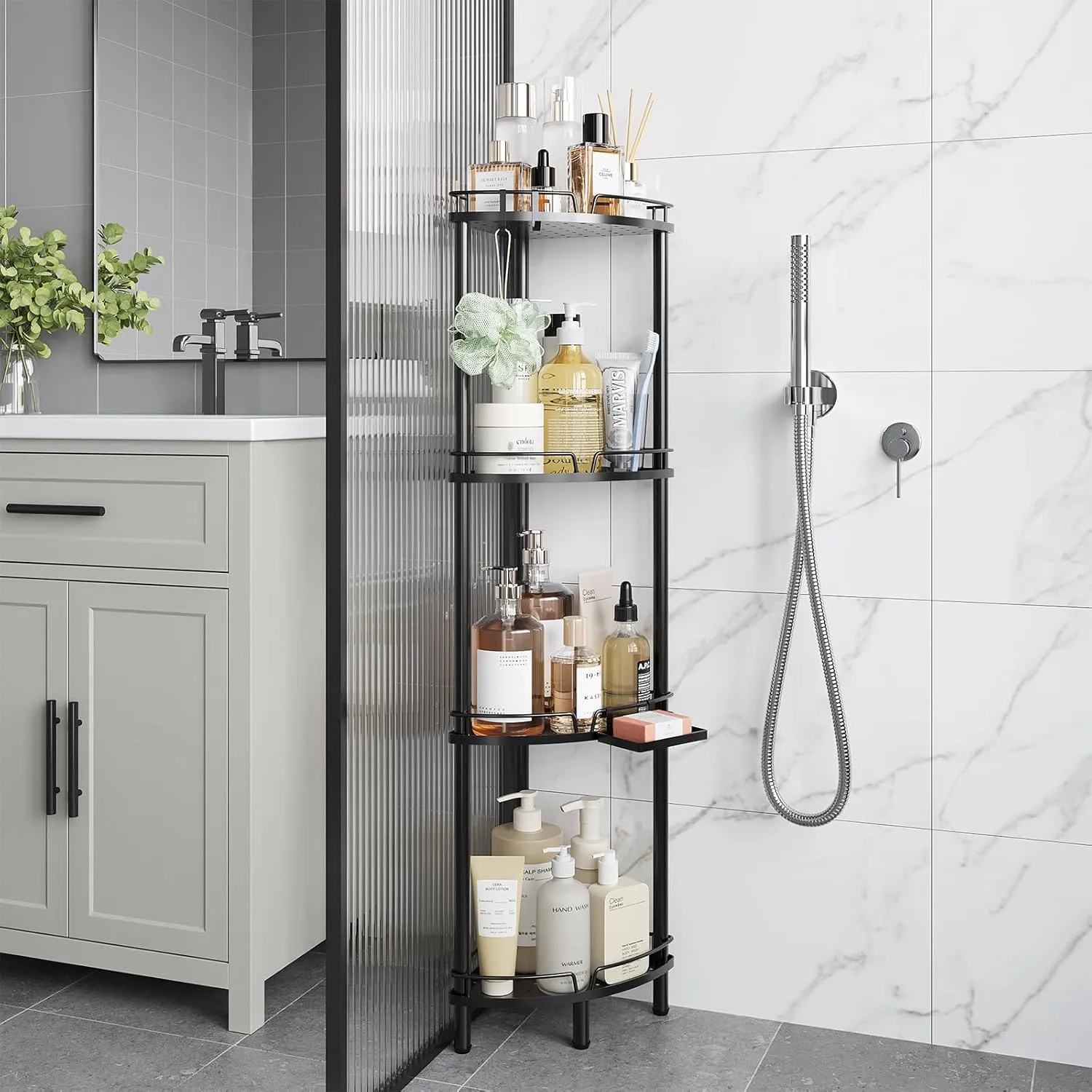 ELYKEN Corner Shower Caddy Standing, 4 Tier Rustproof Metal Shower Organizer with Soap Holder, Floor Shower Corner Shelf Rack Storage Stands with Adjustable Feet & 2 Hooks for Bathroom, Black