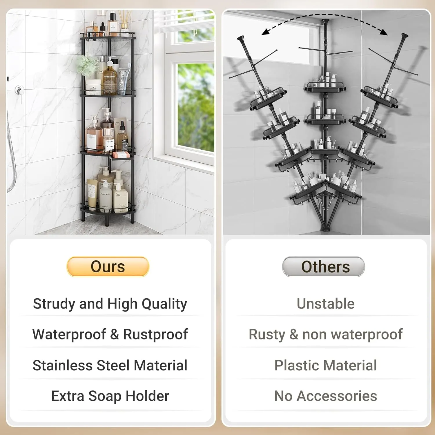ELYKEN Corner Shower Caddy Standing, 4 Tier Rustproof Metal Shower Organizer with Soap Holder, Floor Shower Corner Shelf Rack Storage Stands with Adjustable Feet & 2 Hooks for Bathroom, Black