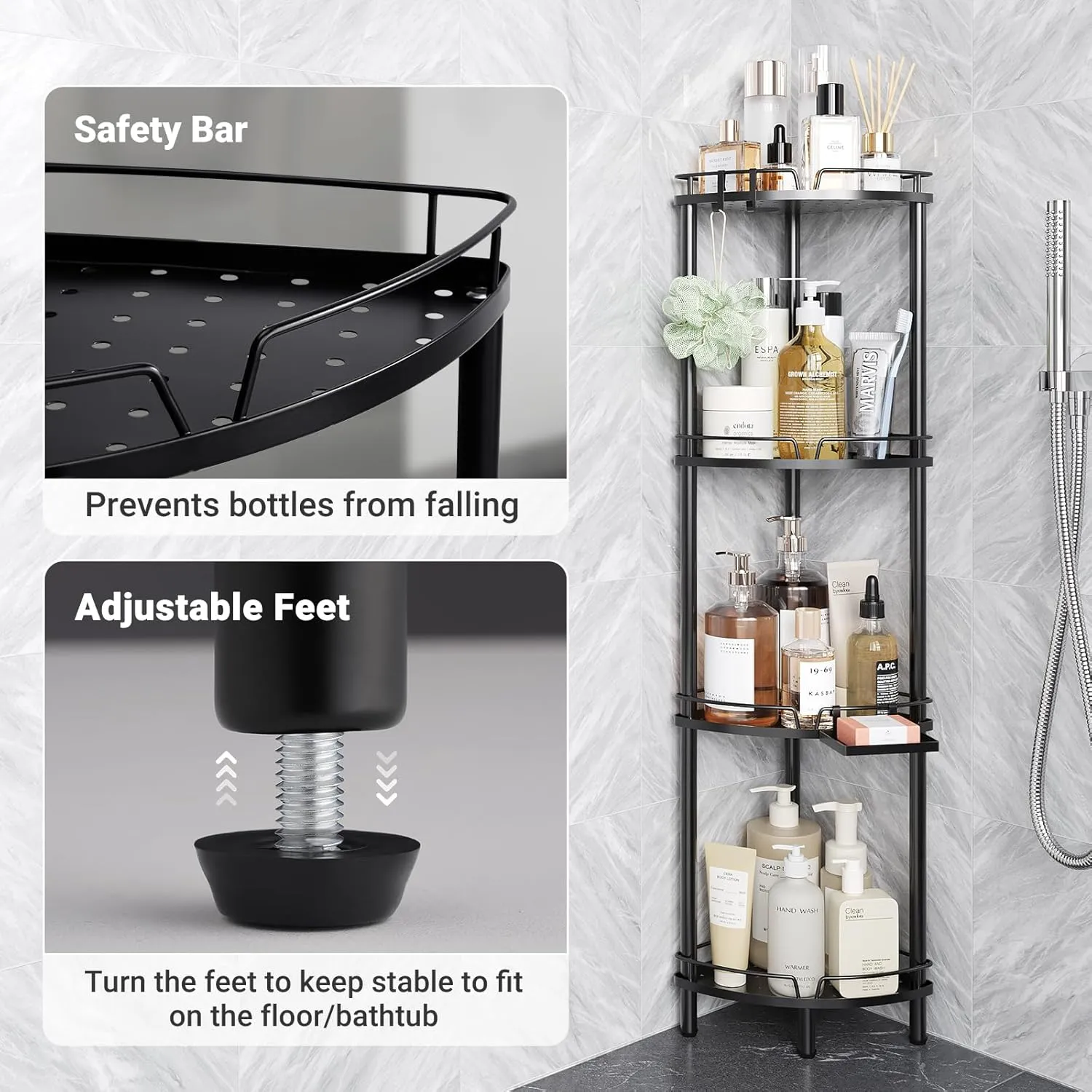 ELYKEN Corner Shower Caddy Standing, 4 Tier Rustproof Metal Shower Organizer with Soap Holder, Floor Shower Corner Shelf Rack Storage Stands with Adjustable Feet & 2 Hooks for Bathroom, Black
