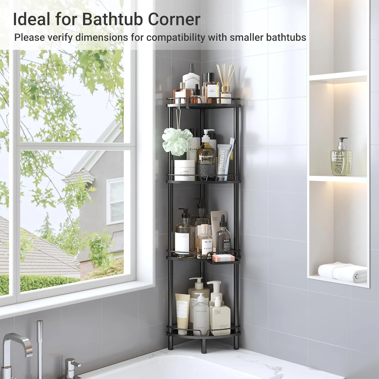 ELYKEN Corner Shower Caddy Standing, 4 Tier Rustproof Metal Shower Organizer with Soap Holder, Floor Shower Corner Shelf Rack Storage Stands with Adjustable Feet & 2 Hooks for Bathroom, Black