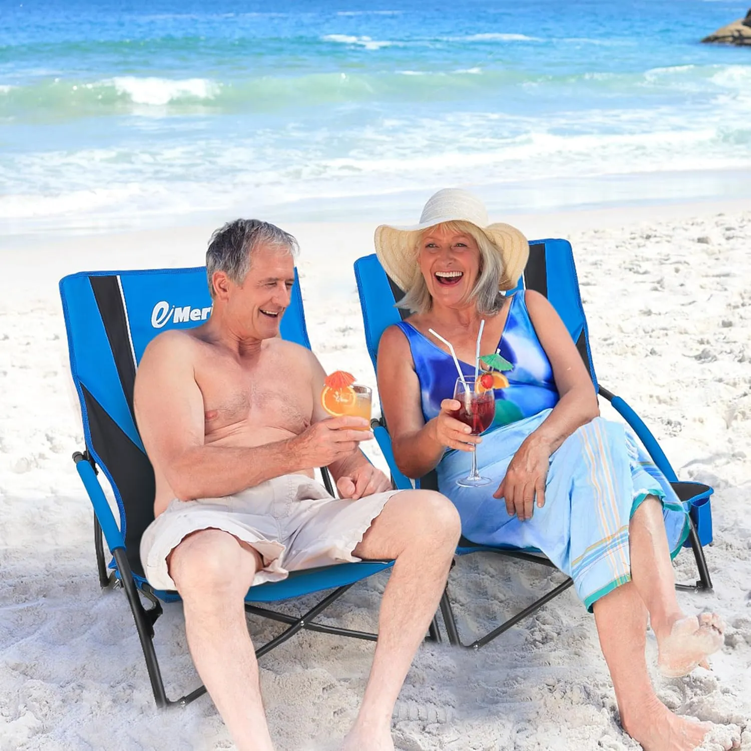 EMERIT Low Beach Chairs for Adults, Sling Beach Chair with Umberalla, Folding Backpack Camping Chair with Cup Holder