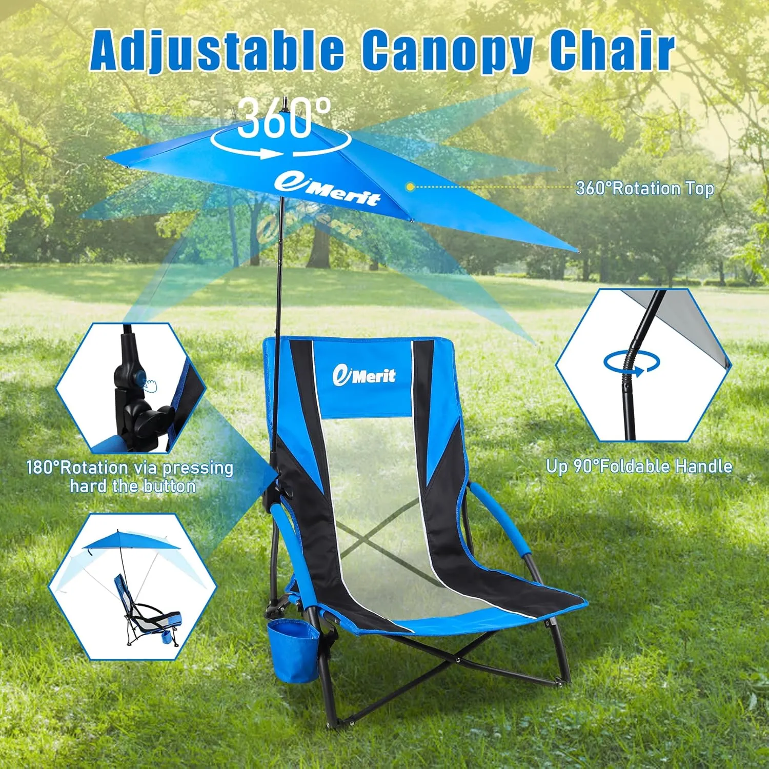 EMERIT Low Beach Chairs for Adults, Sling Beach Chair with Umberalla, Folding Backpack Camping Chair with Cup Holder