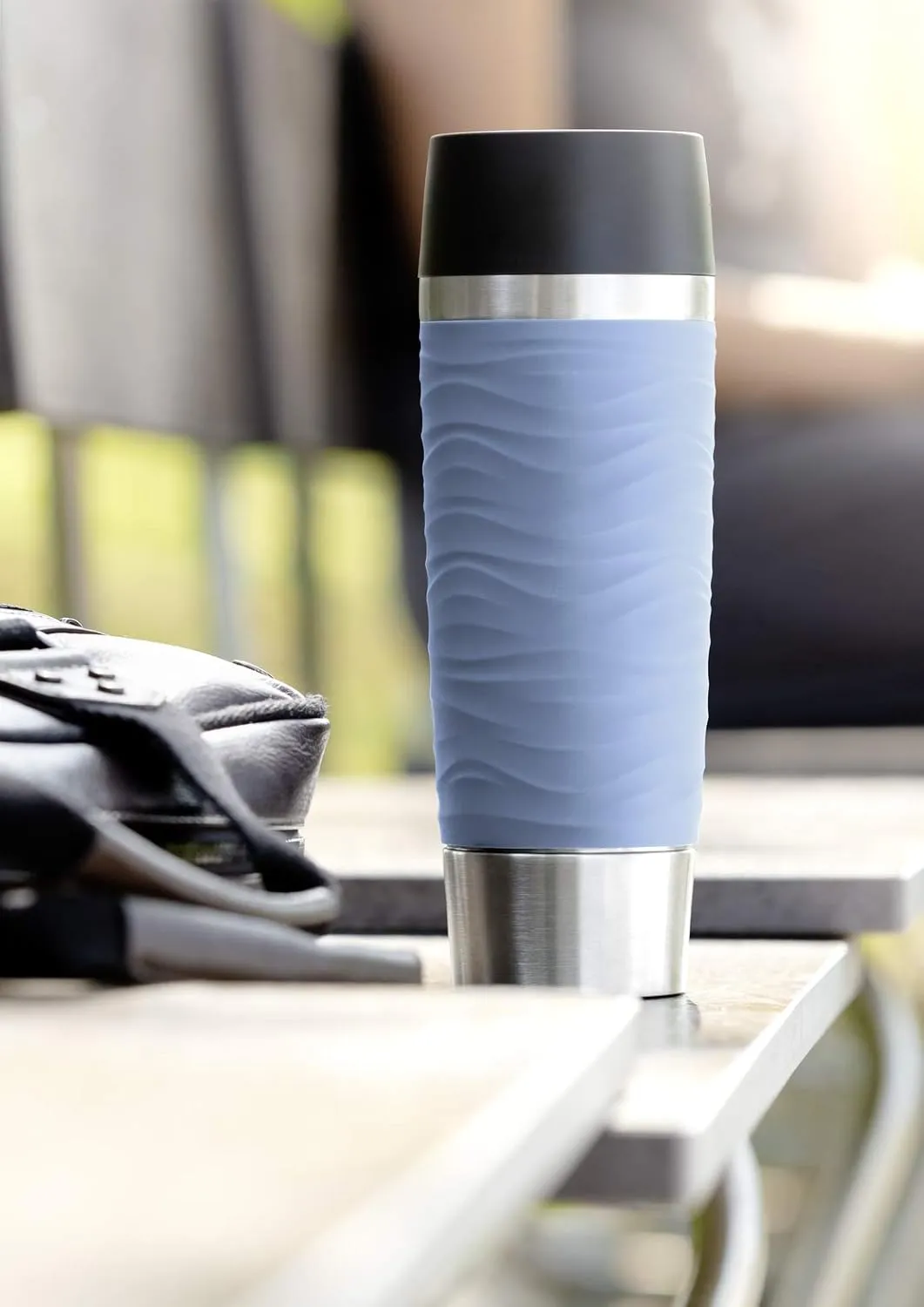 Emsa N2012200 Waves Grande Travel Mug/Thermal Mug, Stainless Steel Silicone Plastic, Powder Blue, 500 ml