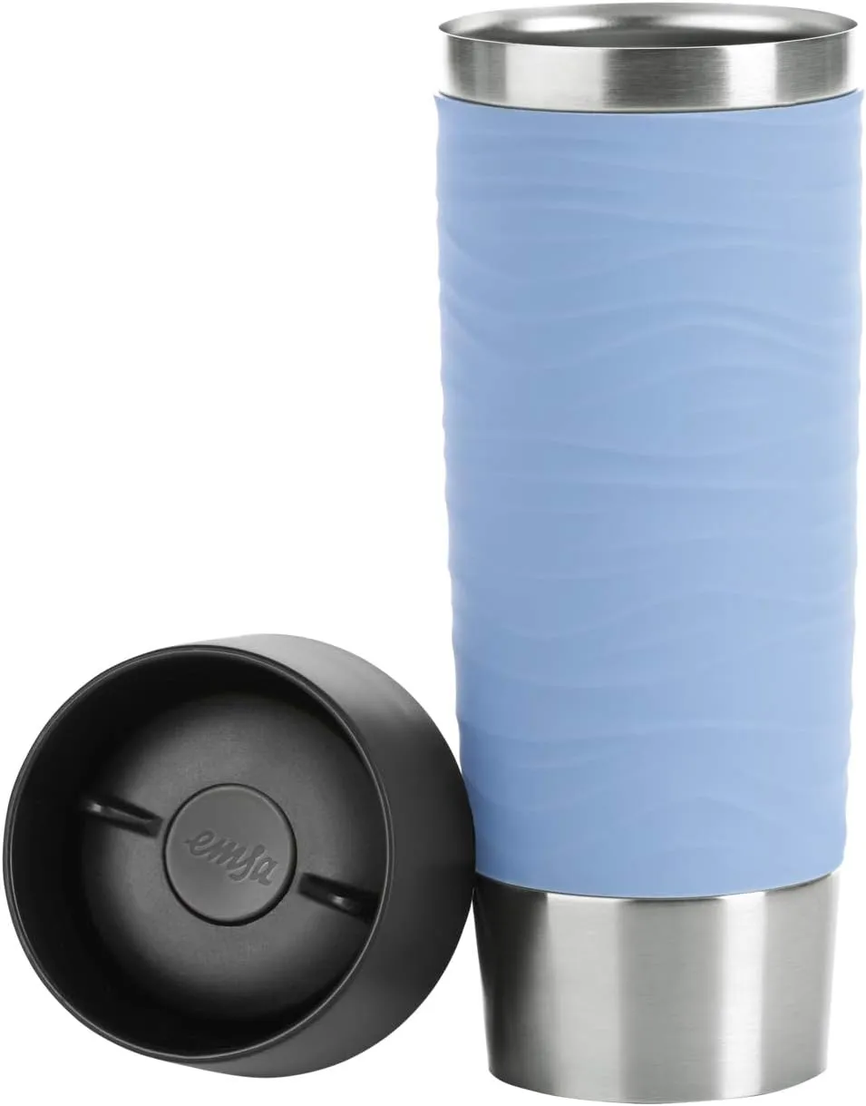 Emsa N2012200 Waves Grande Travel Mug/Thermal Mug, Stainless Steel Silicone Plastic, Powder Blue, 500 ml