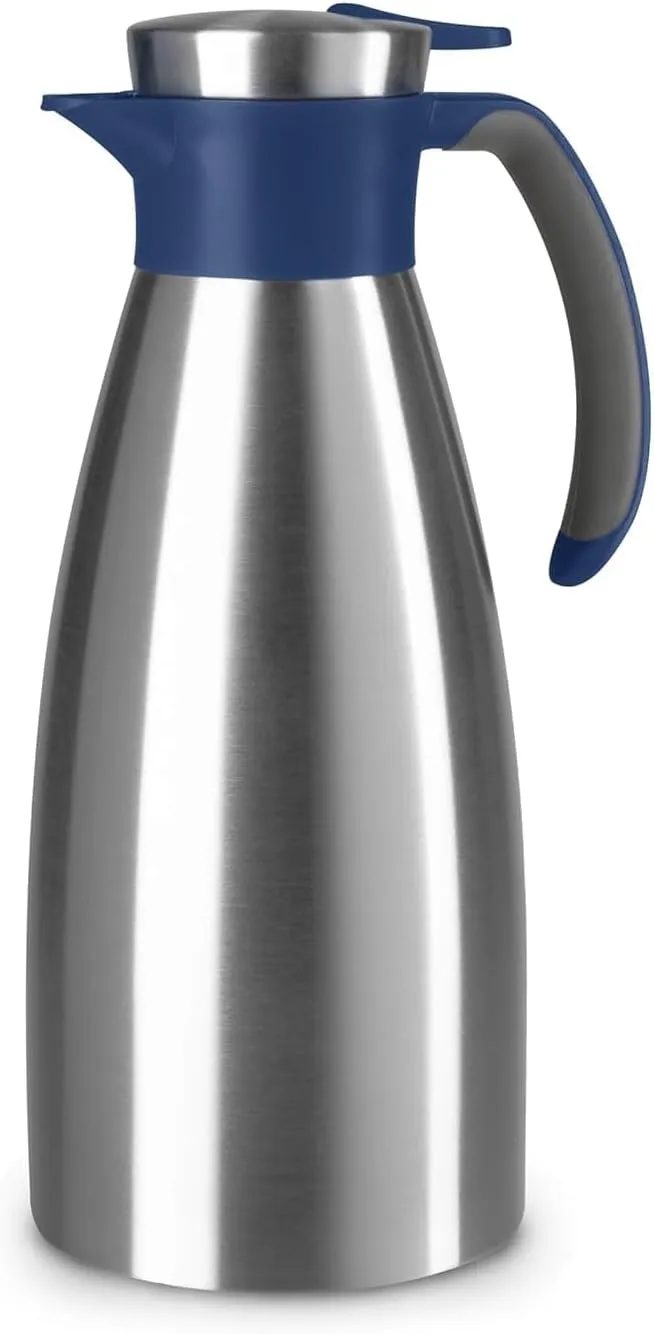 Emsa Soft Grip Insulated Jug, 1.5 Litres, Stainless Steel, 12 Hours Hot   24 Hours Cold, Leak-Proof, Non-Slip Handle, Blue N4120400