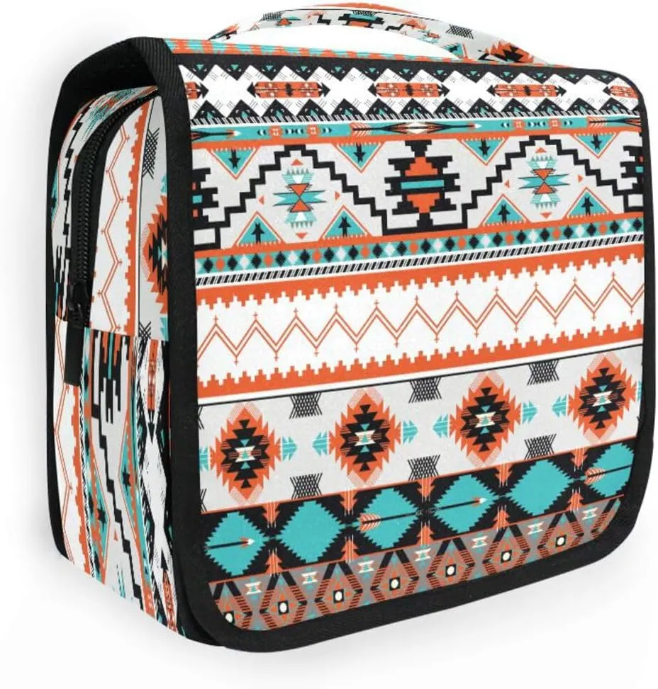 Ethnic Aztec Hanging Toiletry Bag,Geometric Travel Cosmetic Bag Makeup Organizer Case Pouch Portable Wash Bag with Hook for Women Girls Men