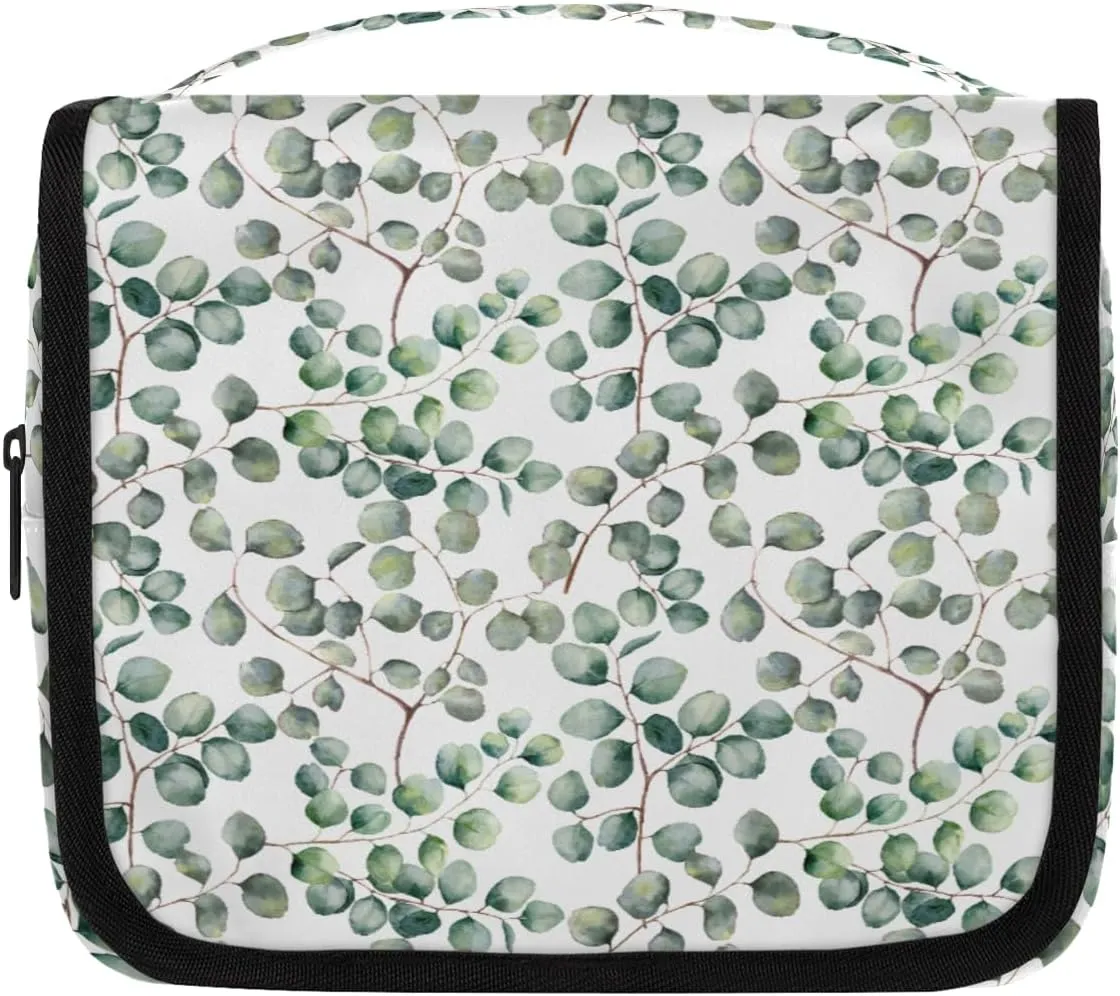 Eucalyptus Leaf Pattern Toiletry Bag with Hanging Hook Travel Organizer Makeup Bag for Women Waterproof Accessories Toiletries Travel Essentials Personalized Birthday Valentines Day Gifts