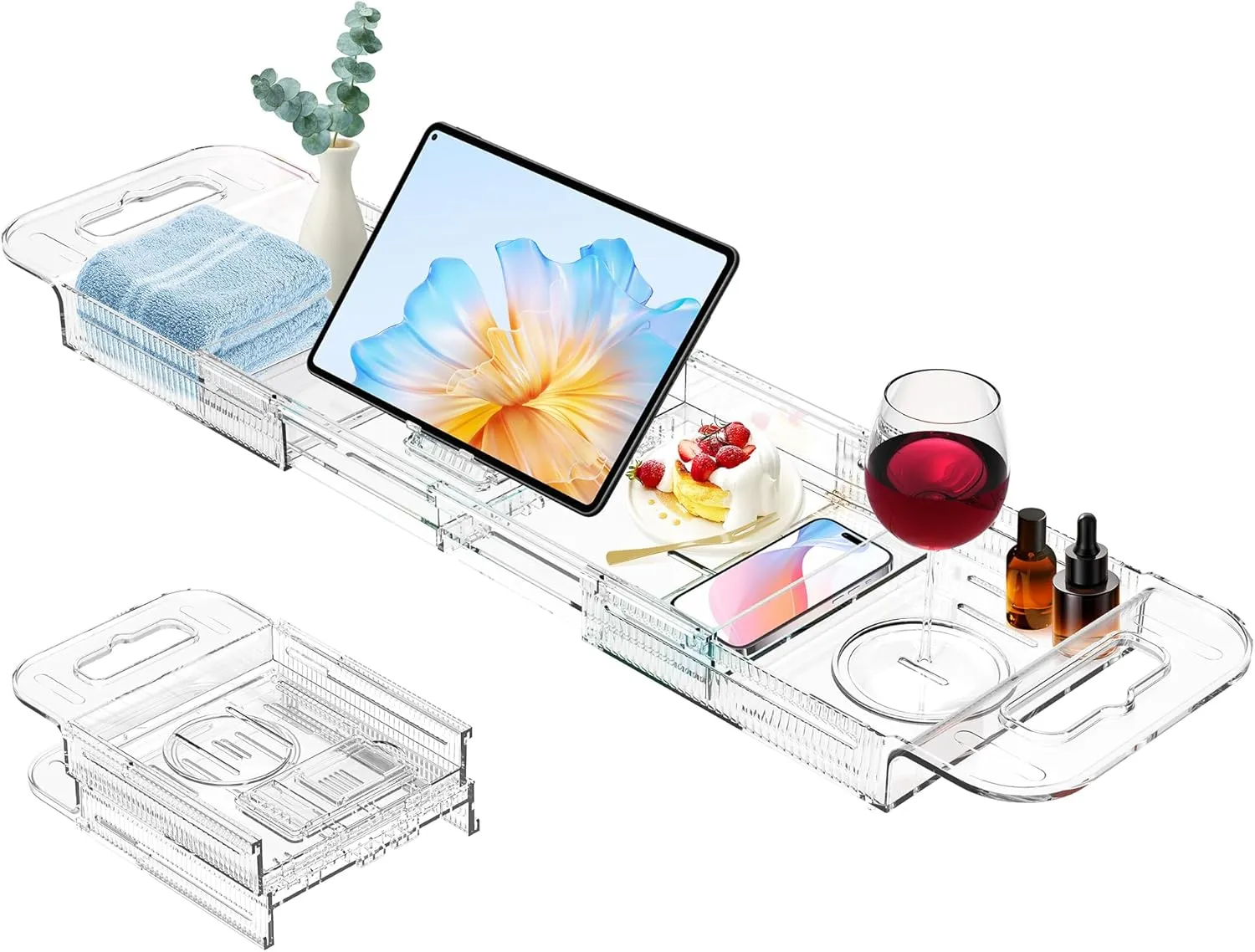 Expandable Drain Bath Caddy Tray for Tub, YOCOMEY Multifunctional Acrylic Bathtub Tray Bathroom Organizer, Simple Bathtub Table Trays Storage Rack for Candle Towel Book Wine Phone Shower(Clear)
