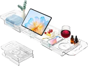 Expandable Drain Bath Caddy Tray for Tub, YOCOMEY Multifunctional Acrylic Bathtub Tray Bathroom Organizer, Simple Bathtub Table Trays Storage Rack for Candle Towel Book Wine Phone Shower(Clear)