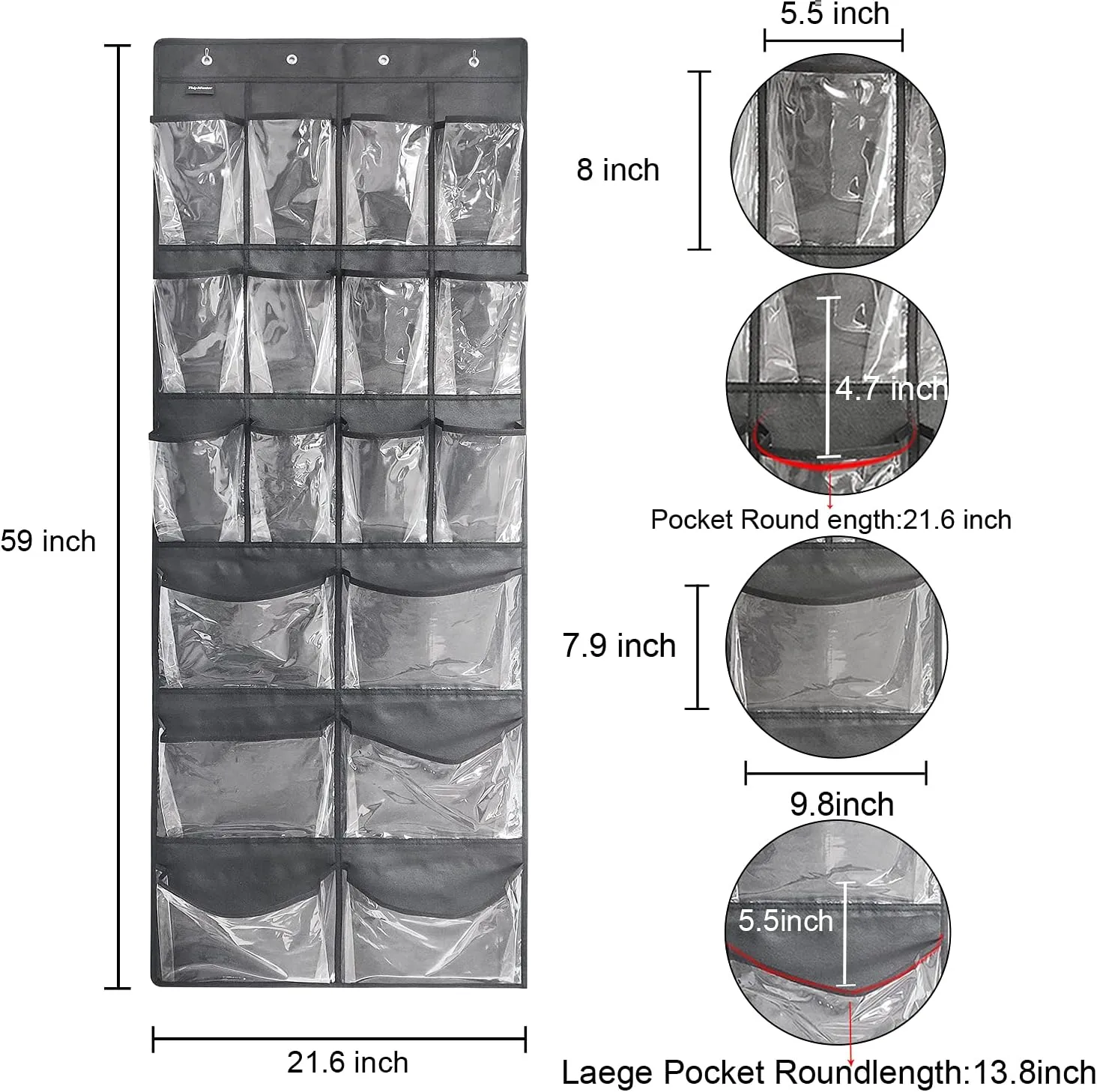 Extra Large Hanging Over Door Shoe Organizer, Closet Shoe Rack - 12 6 Crystal Pockets, 4 Hooks, Black (59"x 21.6")